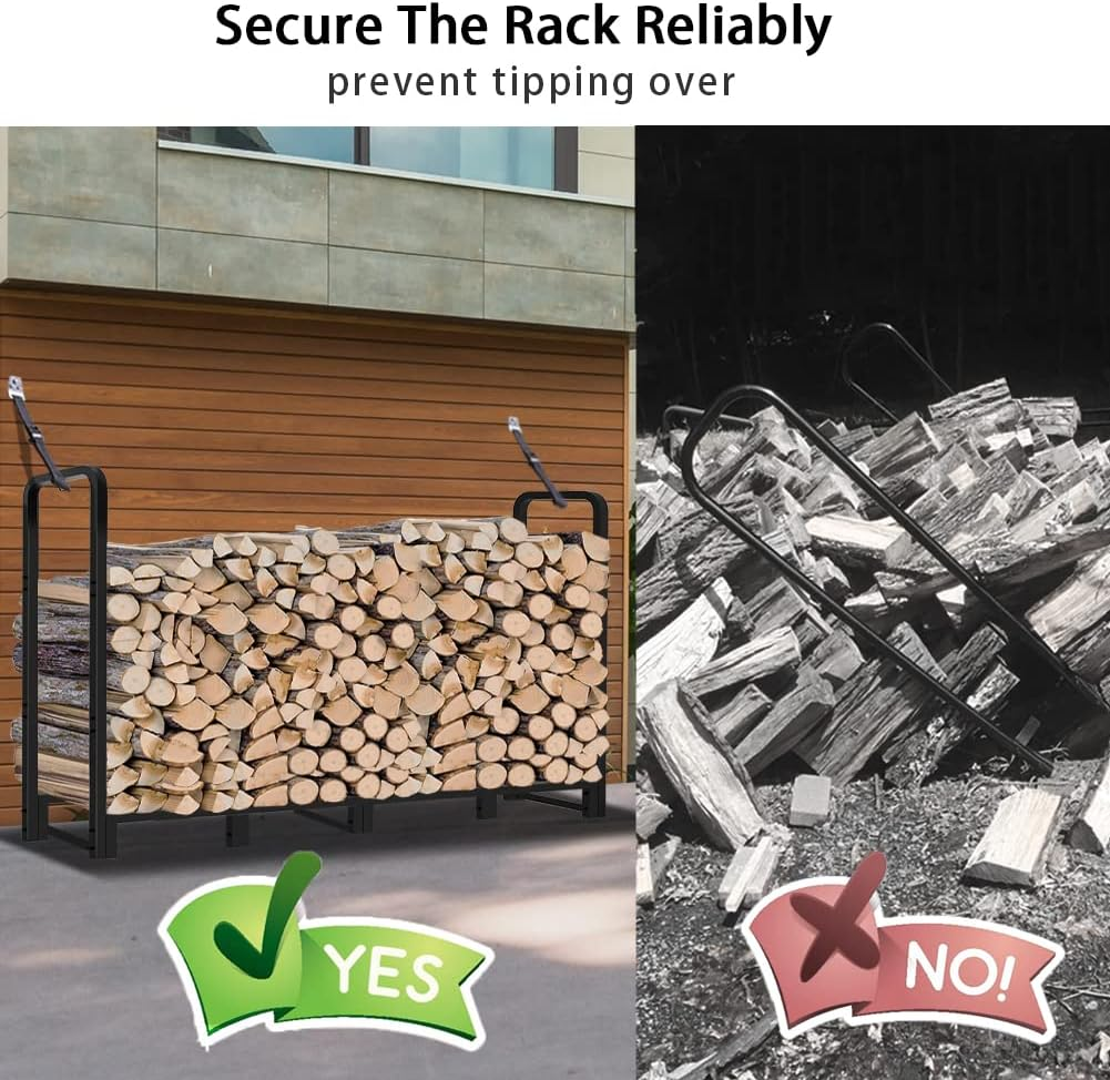 Artibear 8Ft Outdoor Firewood Rack, Upgraded Heavy Duty Logs Stand Stacker Holder for Fireplace - Metal Lumber Storage Carrier Organizer, Bright Black