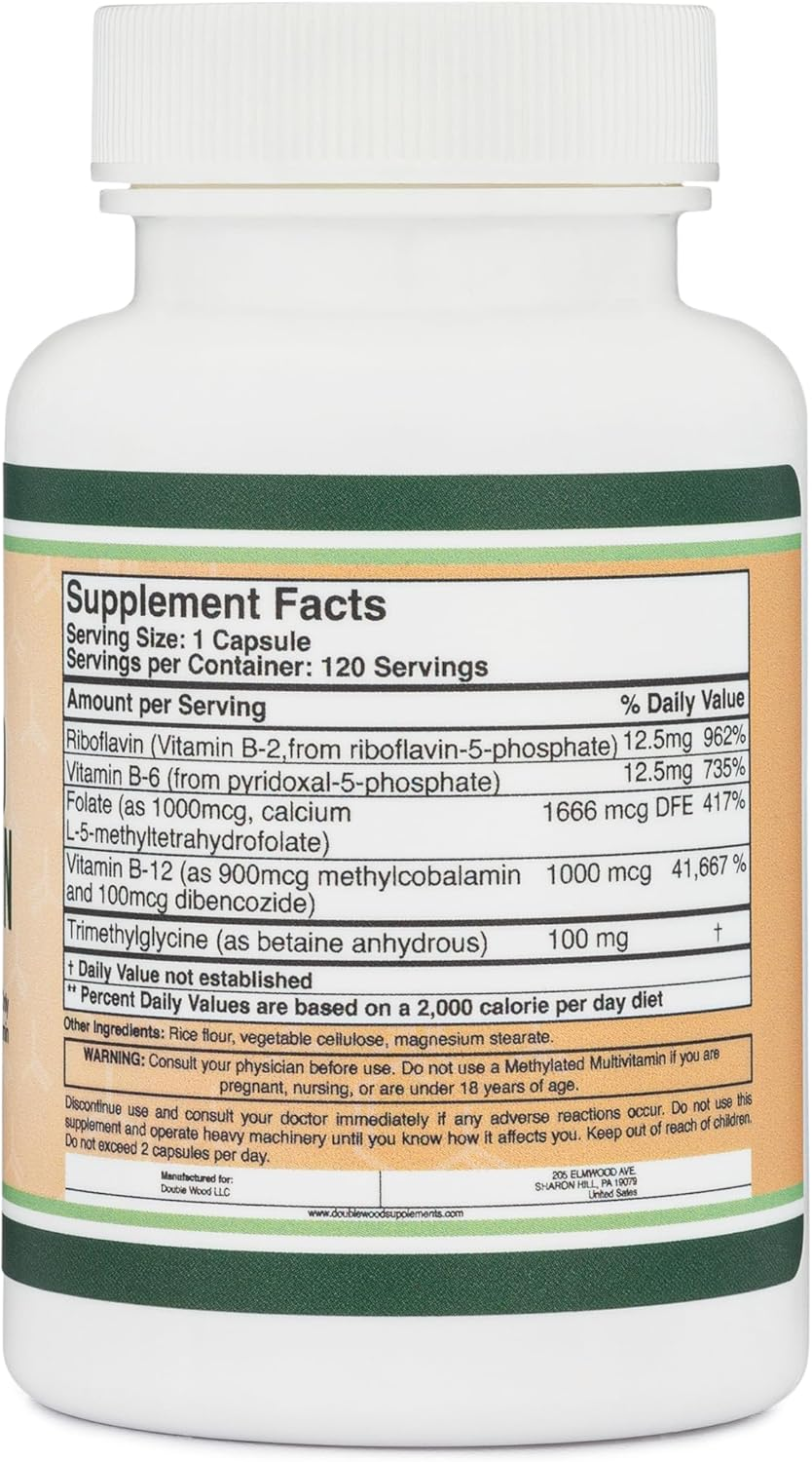 Methylated Multivitamin (Methylated and Activated Vitamins Only - Methylated B Complex with Trimethylglycine (TMG) and Methylfolate)(Non-Gmo, Gluten Free MTHFR Supplement) 120 Capsules by Double Wood image number 5