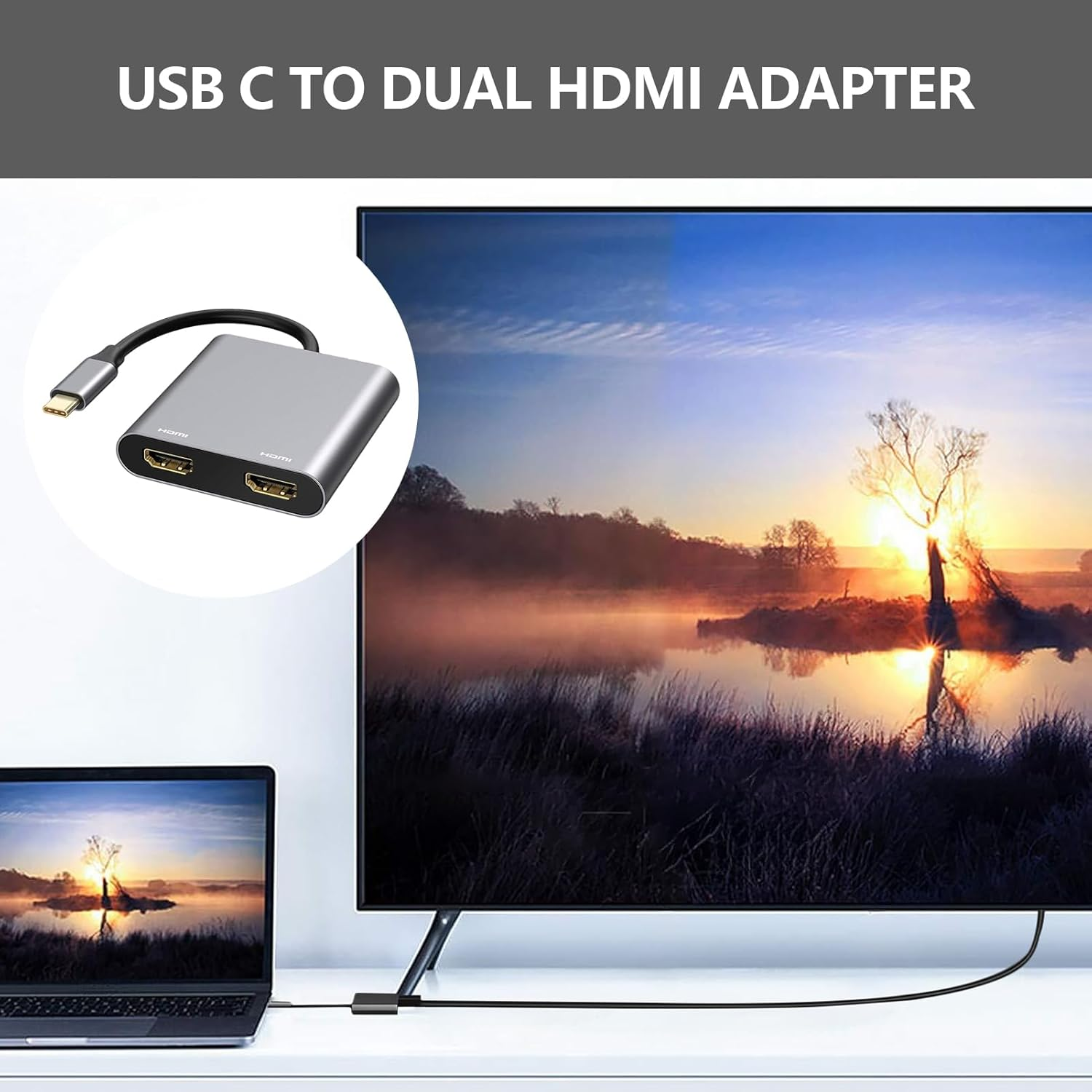 USB C HDMI Splitter, USB C to Dual HDMI Adapter 4K@60Hz, HDMI Splitter for Dual Monitors Extended Display, Support Dual Monitors 4K 30Hz, Compatible with Macbook, Macbook Pro, Dell XPS (Grey) image number 2