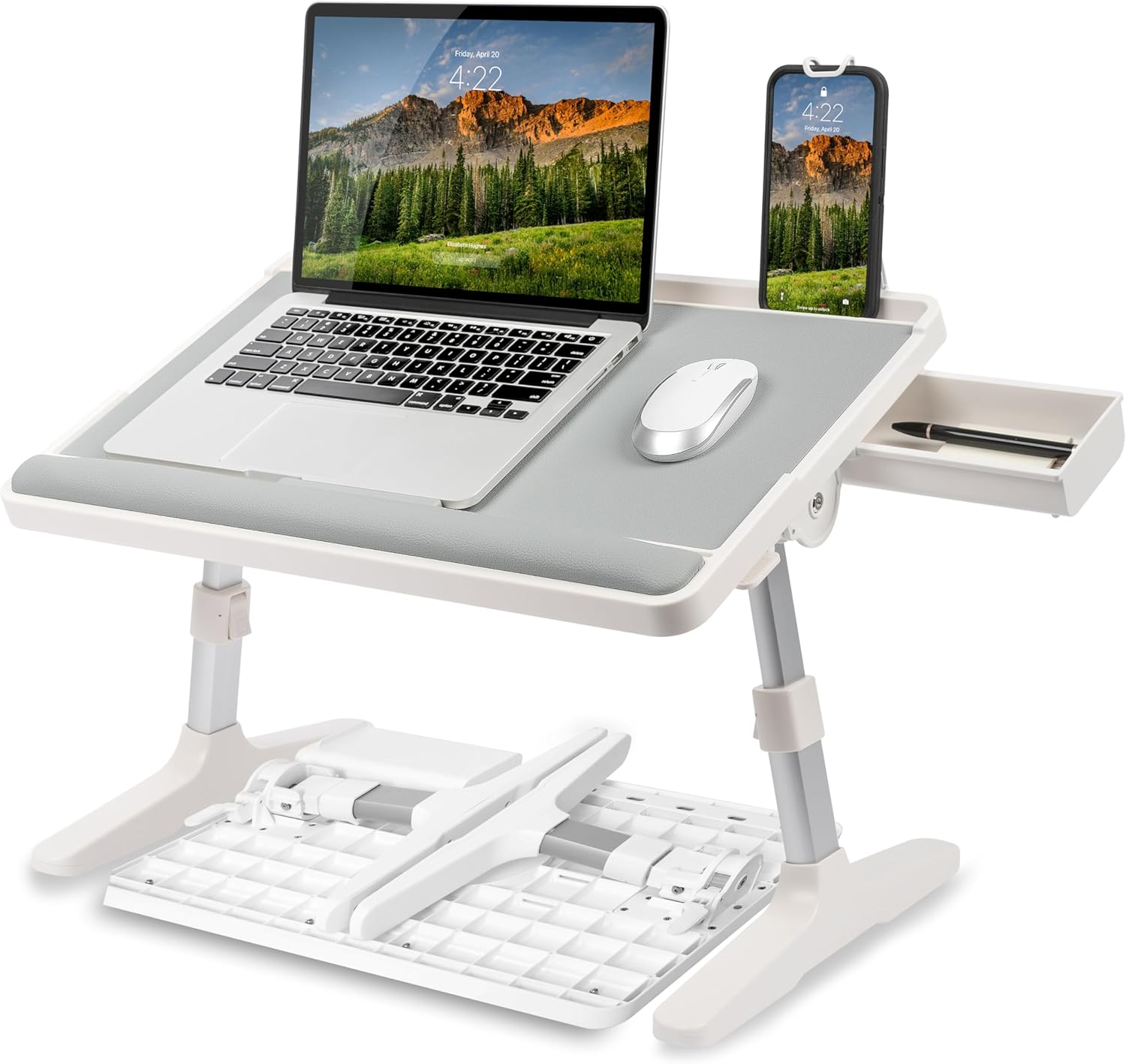 LAPGEAR Easy Tilt Leather Laptop Bed Desk with Adjustable Legs, Wrist Rest, Media Slot, and Built-In Storage - Gray - Fits up to 17 Inch Laptops - Style No. 78505