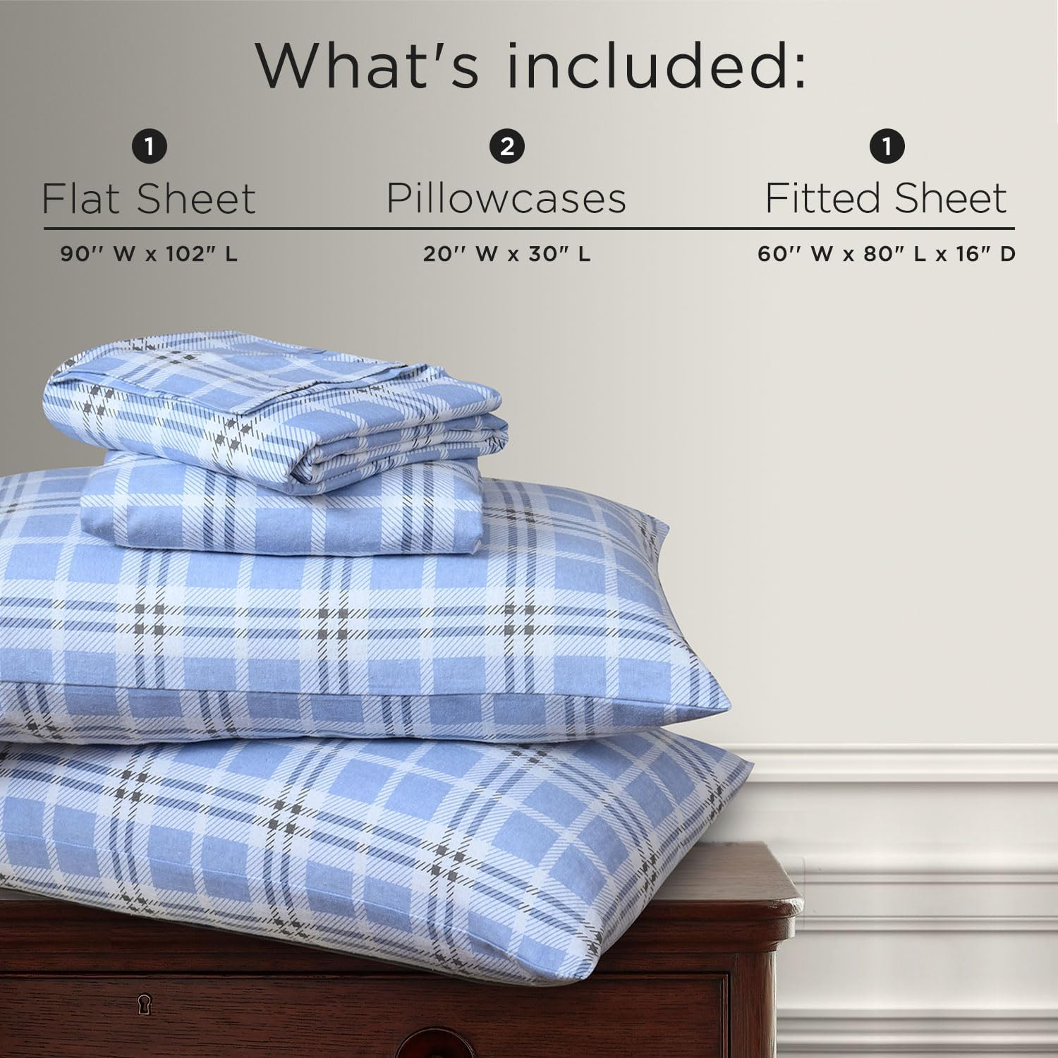 Briarwood Home&reg; Printed Flannel Sheet Set, 100% Organic Cotton, Six-Fold Brushed, Super Soft, Warm, Deep Pocket Bedding with Nanotech Infuse for Enhanced Lasting Strength (Blue Plaid, Queen) image number 2
