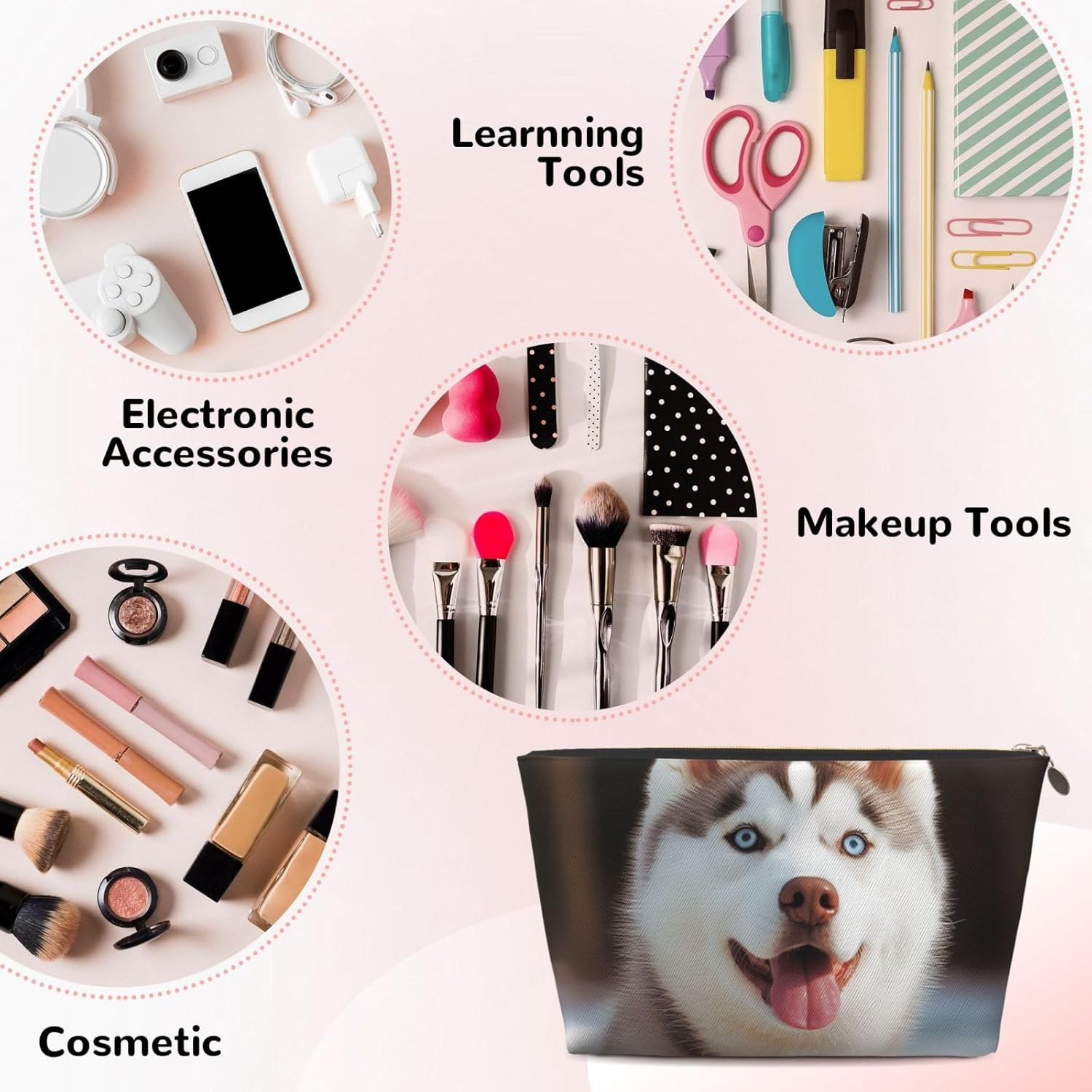 SDTYKHJ Large Capacity Makeup Bag for Women, Waterproof Portable Shaving Bag, Small Toiletry Bag, Husky, Spicy Dog Leather, Travel Cosmetic Organizer Bags, Gold, One Size image number 2