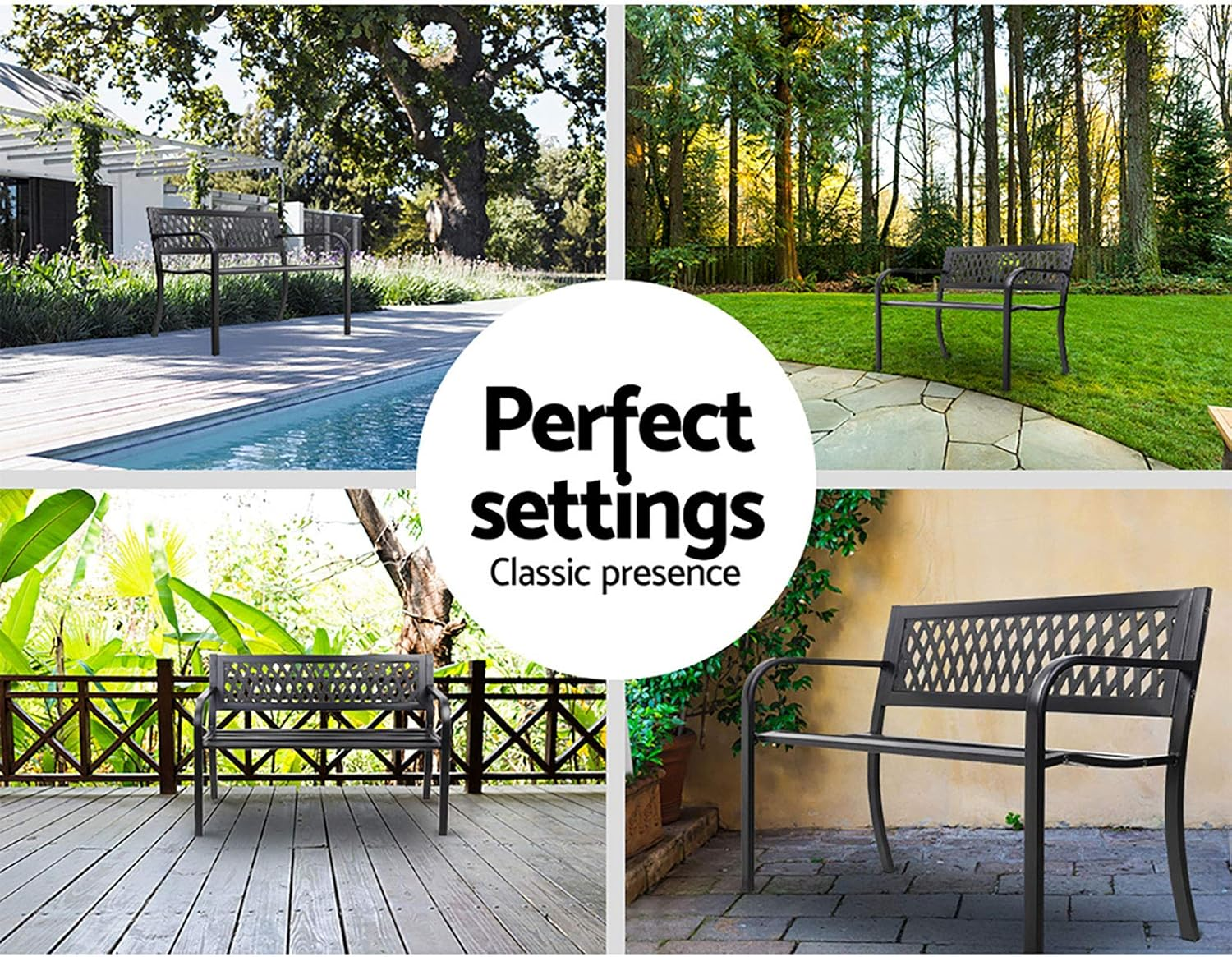 Gardeon Outdoor Garden Bench Seat, 119Cm Length Cast Iron Benches Relax Lounge Chair Dining Chairs Lounger Park Patio Porch Backyard Terrace Balcony Kids Furniture, 2 Seater Water-Repellent Black image number 1