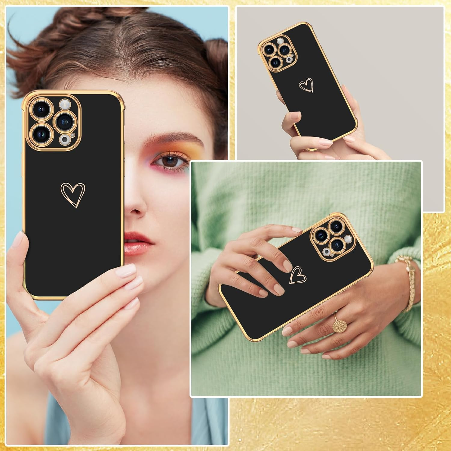 GUAGUA for Iphone 15 Pro Max Case, Luxury Bumper Case Iphone 15 Pro Max Case Cute Heart Pattern Cover for Women Camera Protection & 4 Corners Shockproof Protection Phone Cover Black image number 5
