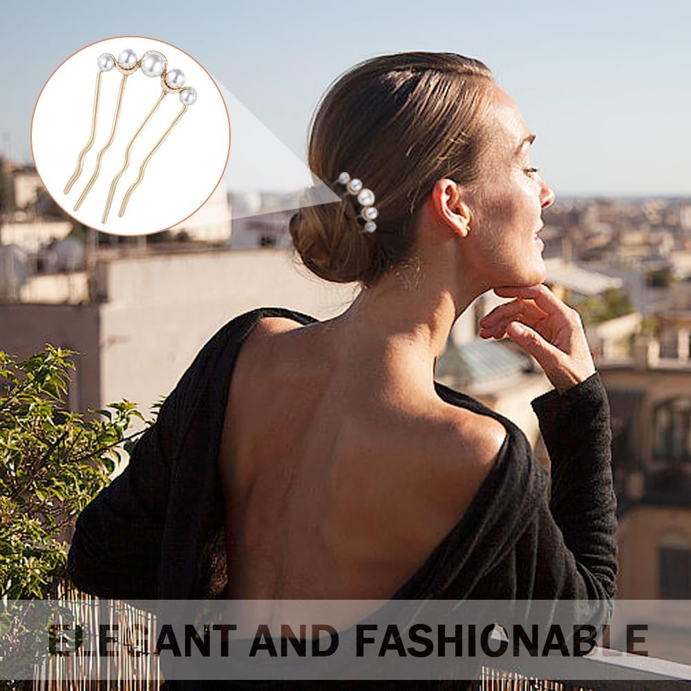 TRKETK Pack of 4 Beads Hair Pins in U Shape Women'S Pearl French Hair Clip Metal Hair Pin Vintage Hair Fork Clips for Women Weddings and Parties Thick Hair Bun Twist Hair Fork image number 3