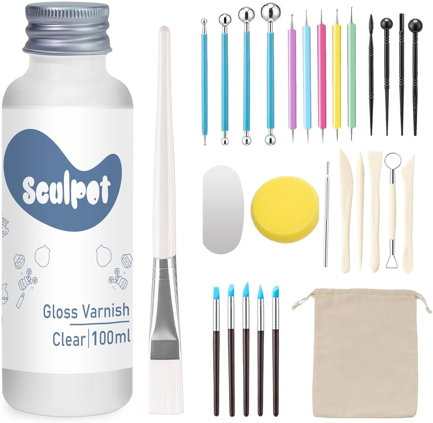 1DFAUL Clay Glaze with Air Dry Clay Tools Kit, 29PCS Clay Sculpting Tools, Polymer Clay Kit and Clay Varnish, Pottery Tool Kit for Sculpting, Modeling, Shaping, High Gloss, Scratch Resistant (Gloss) image number 2