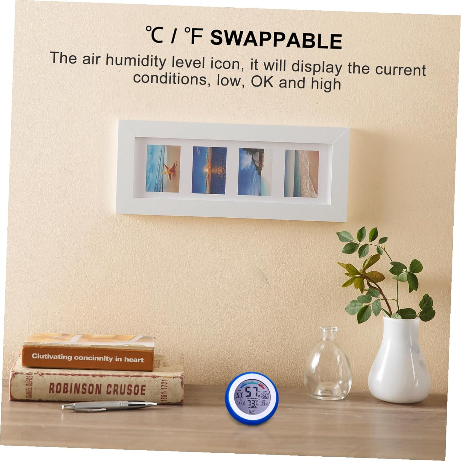 UKCOCO Multi-Functional Digital Temperature Gauge and Electric Hygrometer for Indoor Use High-Precision round LCD Touchscreen, Blue Mini Thermometer Humidity Meter without Battery image number 5