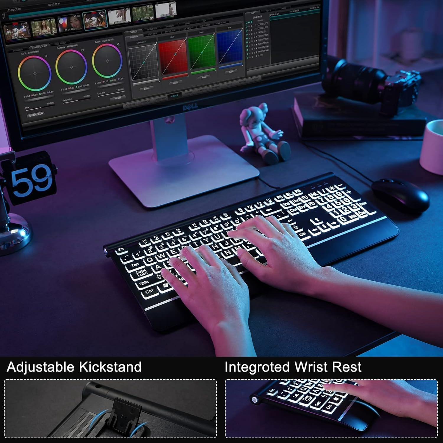 Large Print Backlit Computer Keyboard, 7-Color Backlit Keyboard with Wrist Rest, USB Plug-And-Play, Oversize Letters Keys Easy to See and Type, Wired Light up Keyboard for Laptop, PC, Gaming (Large) image number 3