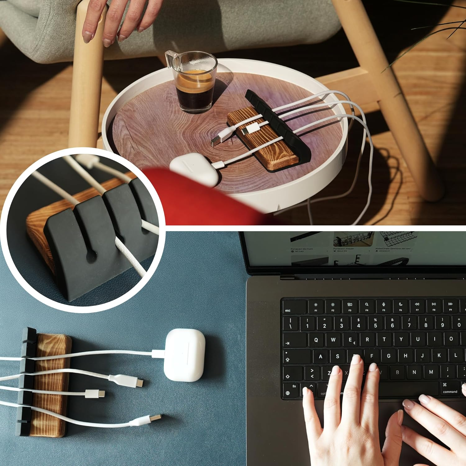 Home Office Accessories Cable Organiser - Office Desk Organiser for Cable Management - Wood and Silicone Refined Look, 6-Slots for Devices Charging Cable, Adhesive Free, Portable