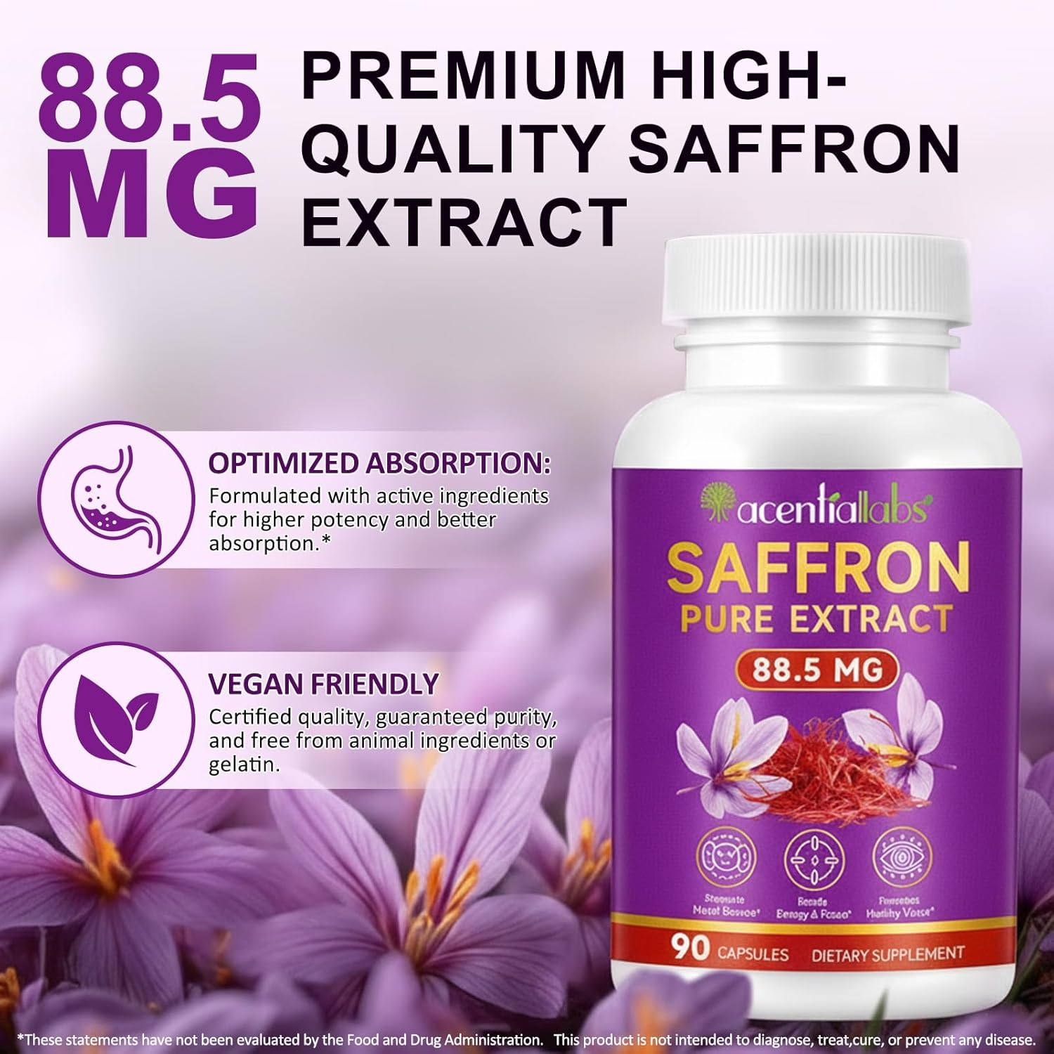 Saffron Pure Extract Capsules | Saffron Supplement 88.5Mg | Vegan, Non-Gmo, Gluten-Free | 3 Month Supply | 90 Capsules image number 3
