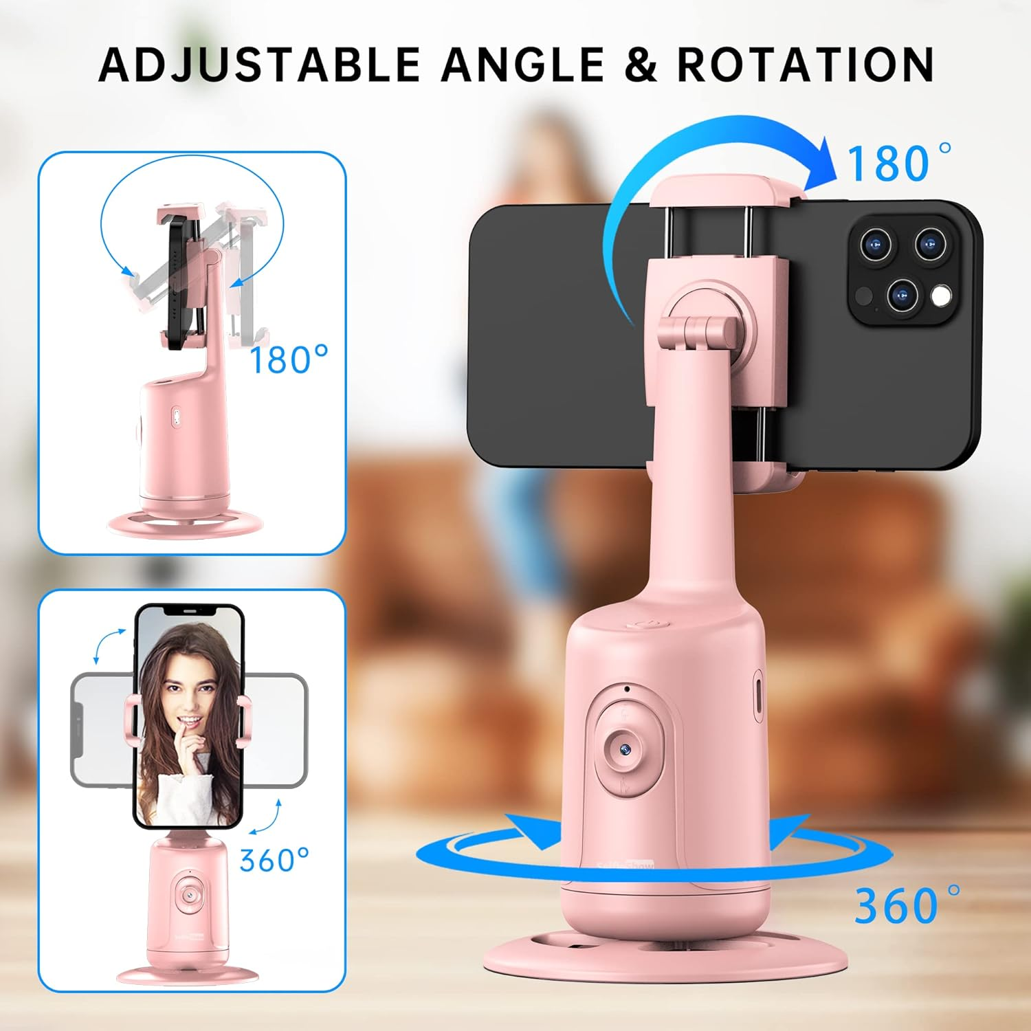 Auto Tracking Phone Holder, Auto Face Tracking Tripod, Portable All-In-One Smart Selfie Stick 360 Rotation Fast Face & Object Tracking Cameraman Robot Mount for Phone Video Vlog Live Streaming(Pink) - Pink image number 5