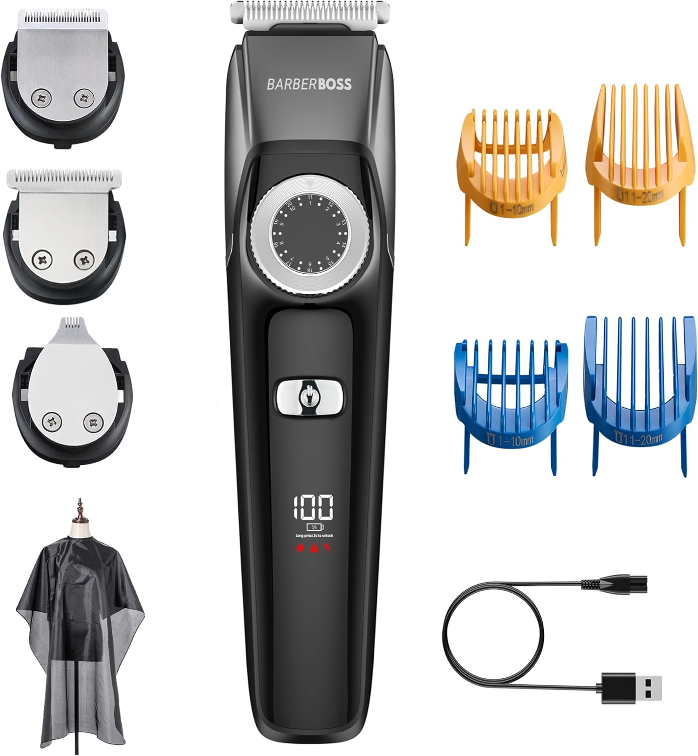 Barberboss 3-In-1 Face Care Set for Men, Hair Trimmer, Beard Trimmer, Detail Cutter, Precision Control Wheel, 4 Guide Combs, USB Rechargeable, LED Display, 100% Waterproof image number 2