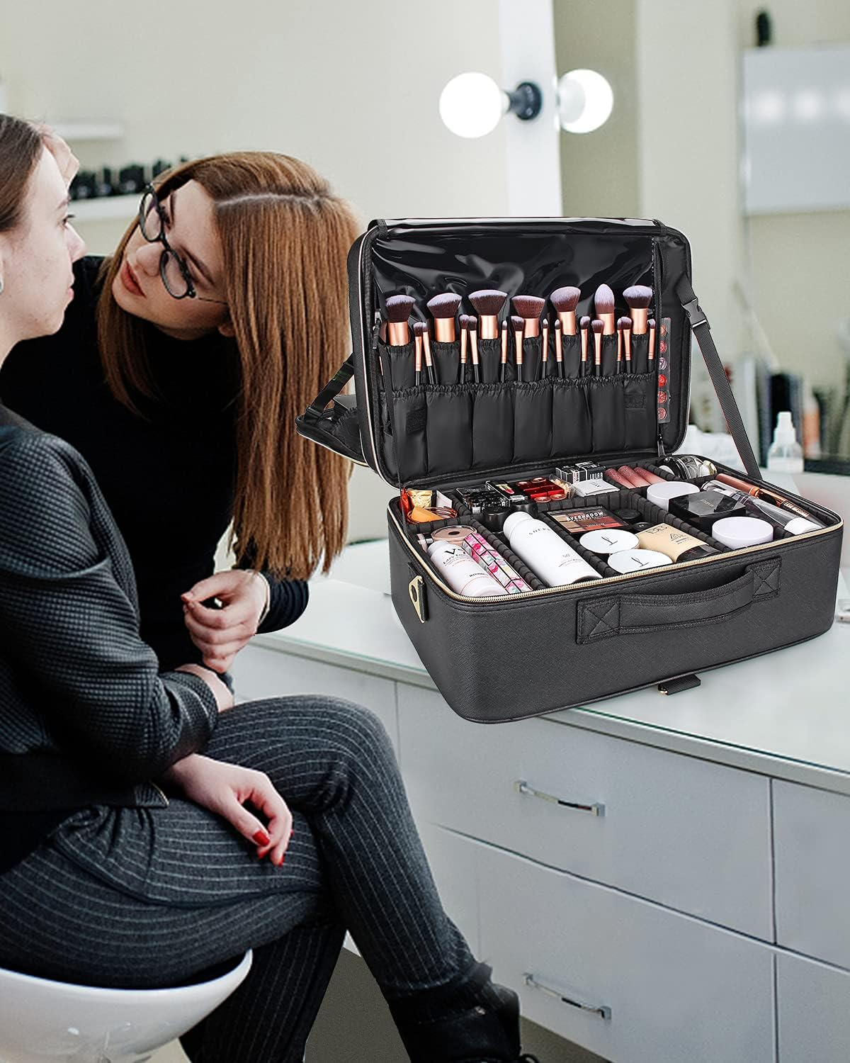 Relavel Extra Large Makeup Case - 17 Inches, PU Leather Makeup Box Professional Train Case Travel Cosmetic Organiser Makeup Brush Holder Waterproof Make up Storage for Makeup Artist, Black, 17"-PU Leather image number 1