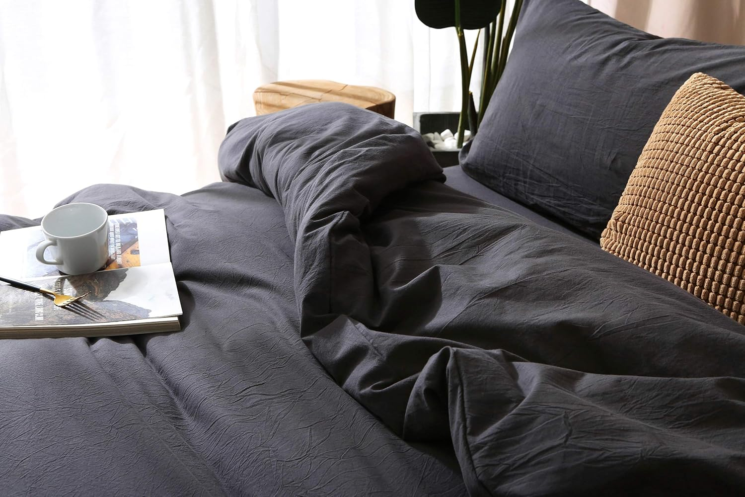 F.Y.Dreams 100% Washed Cotton Duvet Cover for Weighted Blanket 60X80 Inches with 8 Ties, Zipper on Long Side/Black Grey/Just Duvet Cover image number 7