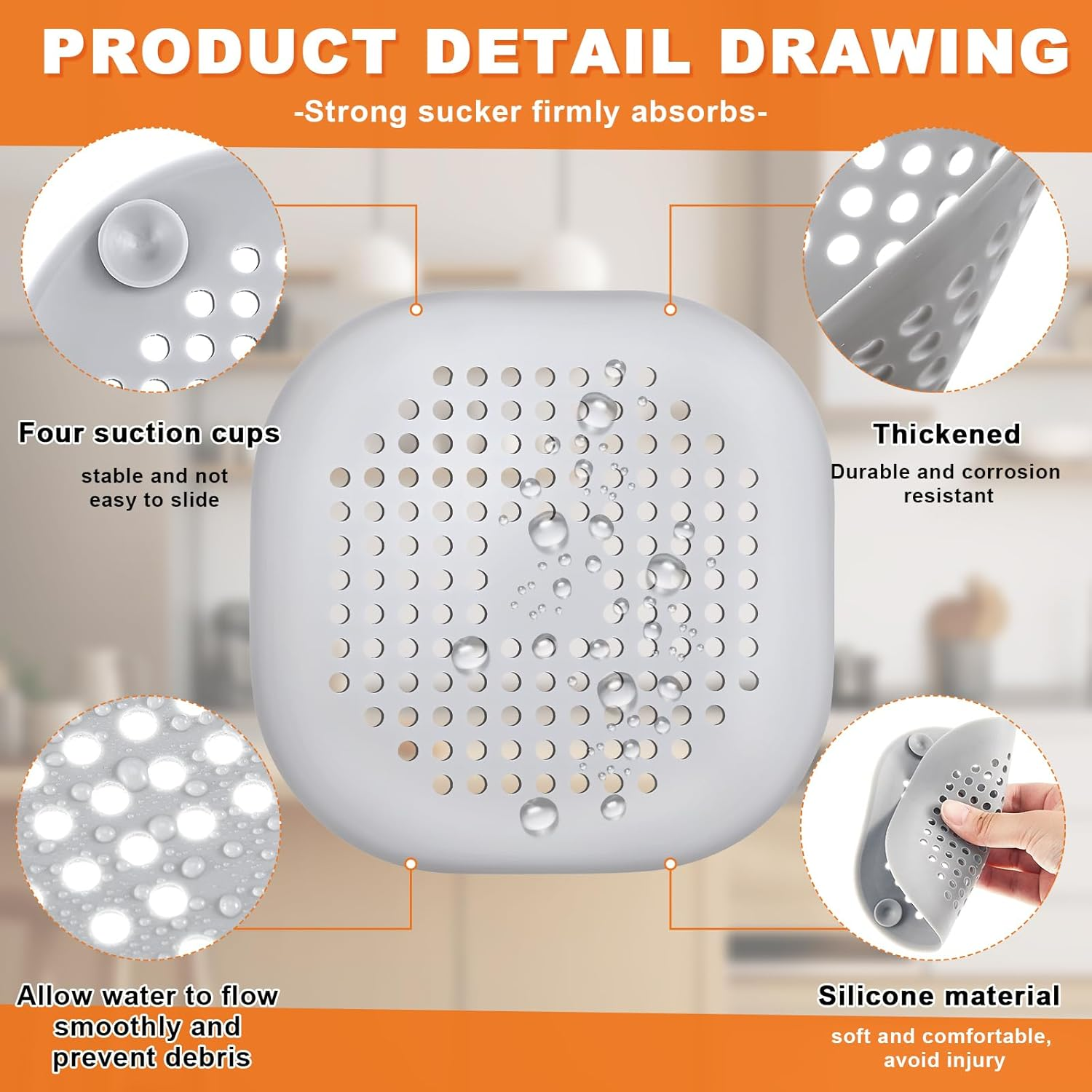 Flutesan 4 Pcs Hair Catchers Square Hair Drain Cover for Shower Bath Plug Sink Catcher Hair Soft Silicone Stopper with Suction Cup Easy to Install for Bathroom Bathtub, Kitchen, Floor Laundry (Gray) image number 6