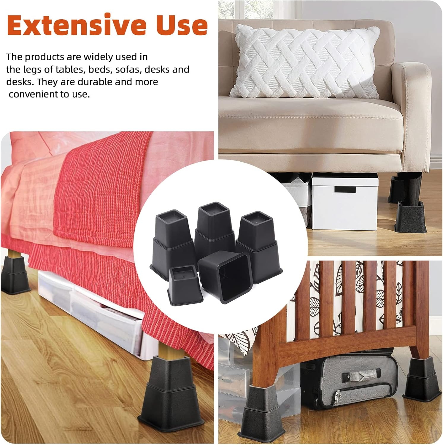 Tanstic 8Pcs Bed Risers Kit, Heavy Duty Bed Elevators in Heights of 4 Inch & 6 Inch, Adjustable Bed Furniture Risers, Bed Lifts Risers for Sofa Table Legs (Black) image number 1
