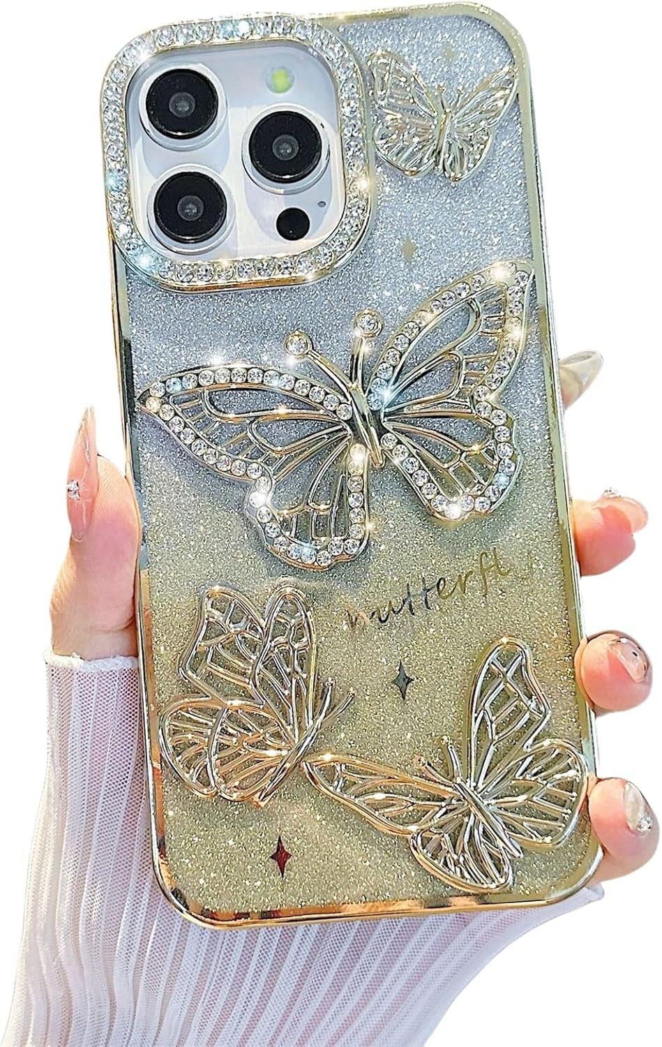 Emlivi Glitter Case for Iphone 16 Plus, 3D Butterfly Bling Diamond Mobile Phone Case Transparent TPU Bumper Cover, Colour Gradient Card, Camera Protection, Shockproof Protective Case for Iphone 16
