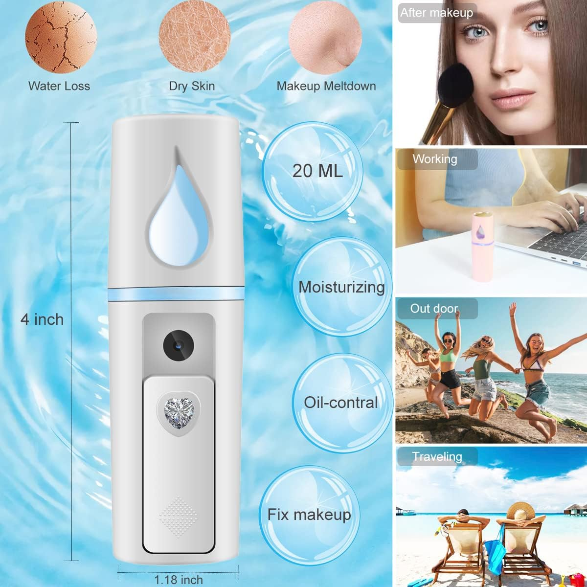 Nano Facial Mister Portable Mist Sprayer with Mirror Mini Cool Mist Spray for Skin Care & Facial Body Moisturized & Eyelash Extensions, USB Rechargeable (White) image number 5