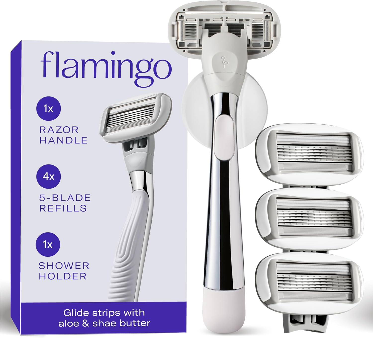 Flamingo Razors for Women, 1 Women'S Razor Handle (Lilac), 4 Razor Five-Blade Refills, and 1 Shower Holder