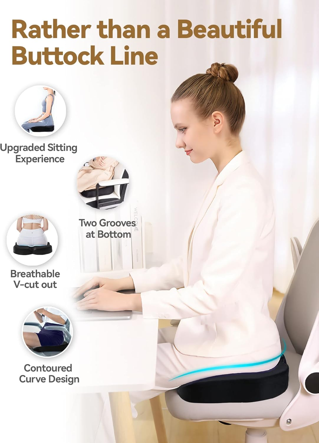 TRAVEL EASE Memory Foam Seat Cushion, Butterfly-Shape Seat Cushion for Long Hours Sitting Comfort, Butt Support Pillow for Office Chair, Car Seat, Dining Chair (Carbon Black) image number 5