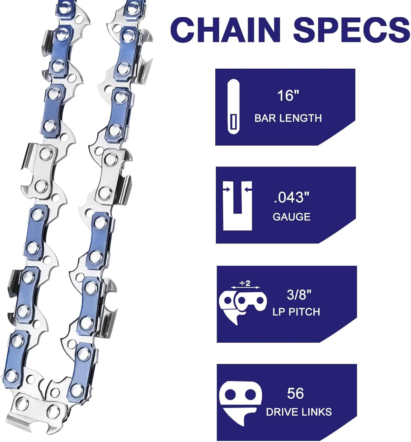 4 Pack 16 Inch Chainsaw Chain 3/8" LP Pitch .043'' Gauge 56 Drive Links Fits Milwaukee, EGO, Dewalt, Greenworks and More image number 1