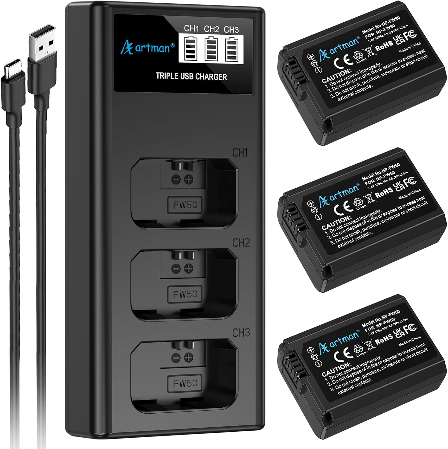 Artman NP-FW50 Battery 3-Pack and Upgraded 3-Slot ZV-E10 Battery LCD Charger for Sony ZV E10, Alpha A6500 A6400 A6300 A6000 A5100 A5000, A7S II, A7S, A7R II, A7R, A7 II, A7, RX10 II III IV Cameras image number 1