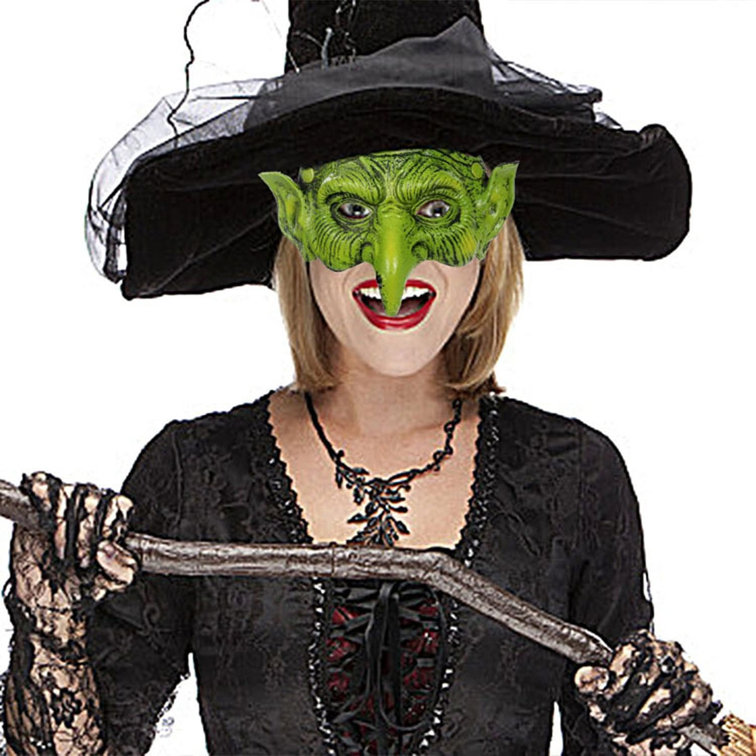 TINAYAUE Scary Witch Mask with Elastic Band Green Face Goblin Elf Ears Cosplay Fancy Costume Mask Horror Halloween Masks Carnival Dress up Themed Party Prank Stage Props image number 3