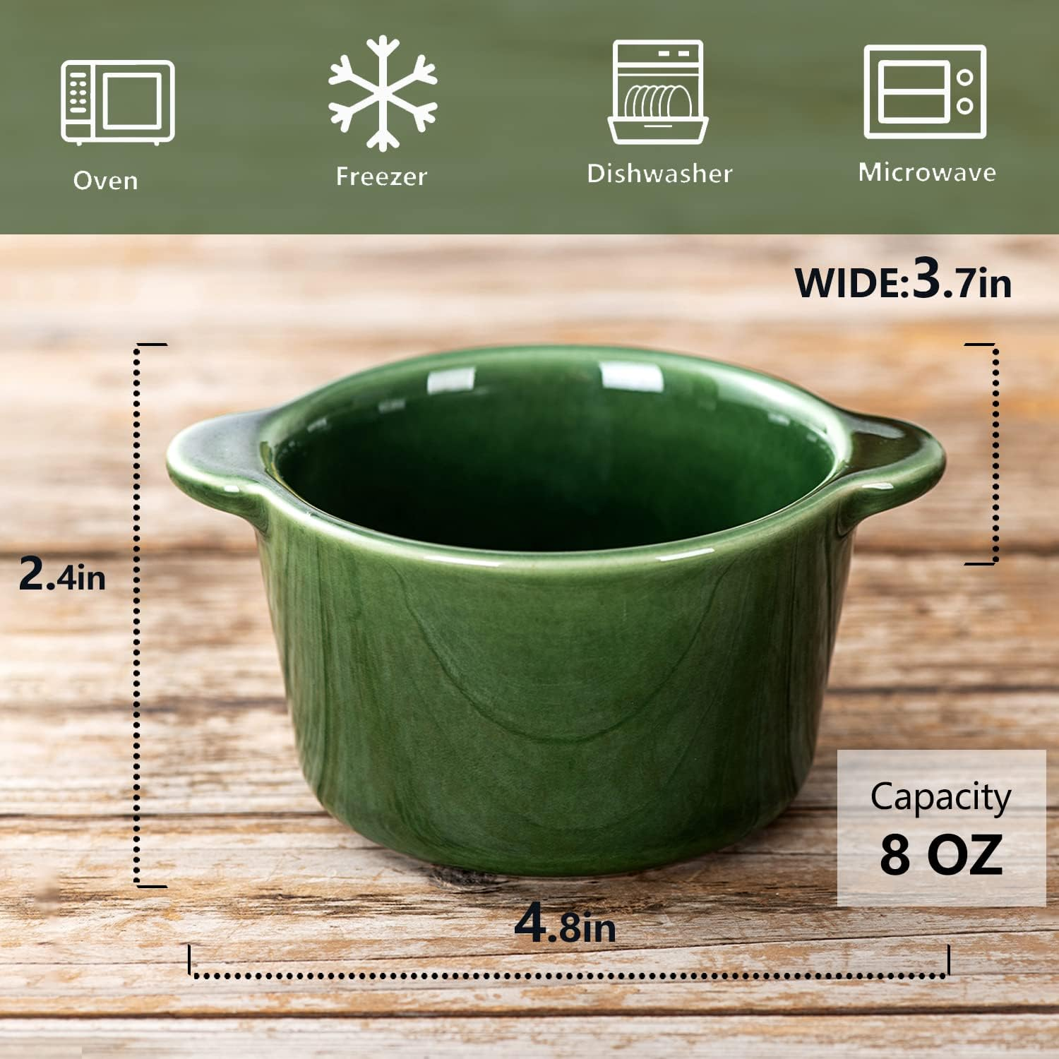 Creme Brulee Ramekins Ceramic Bowls - VICRAYS Mini Custard Cups 8 Oz Oven Safe Bowls Souffle Dishes for Baking Individual Casserole Dipping Sauce Pioneer Woman Bakeware Set of 6, Green image number 4