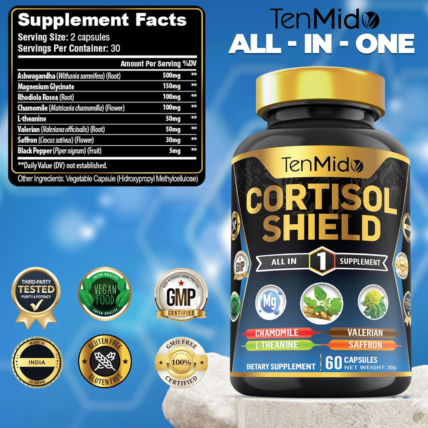 Cortisol Shield Supplement - 8In1 with Ashwagandha, Magnesium Glycinate, Rhodiola Rosea, Chamomile, L-Theanine & More - 60 Vegan & Non-Gmo Capsules image number 3