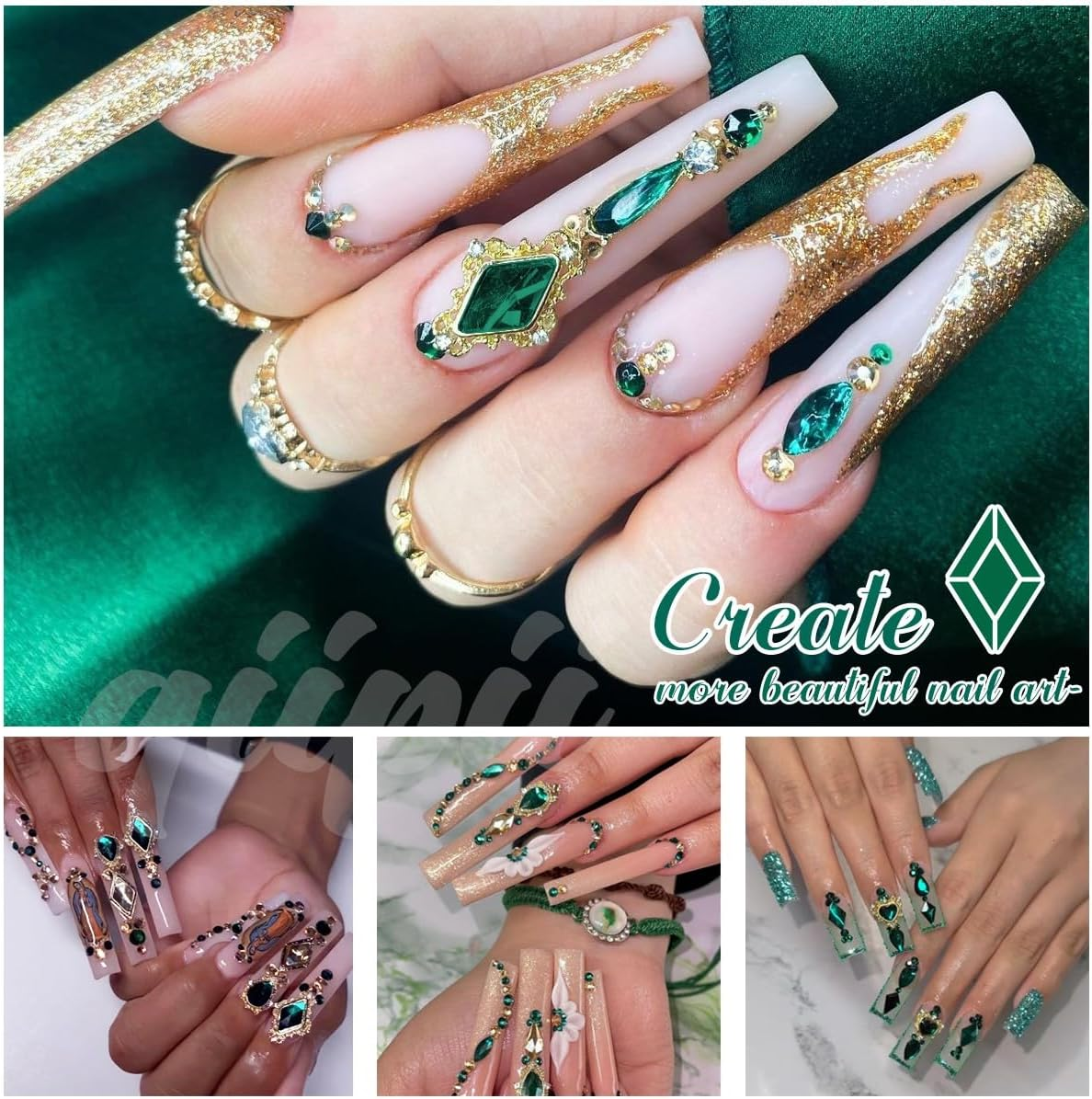 Qiipii 24Pcs 6 Styles Emerald Green Nail Charms Big Luxury Nail Rhinestones Heart Gems Crystals Diamonds Jewelry Jewels Stones Nail Art Studs for Arylic Nails DIY Crafts Clothes Shoe Phones Cardmaking