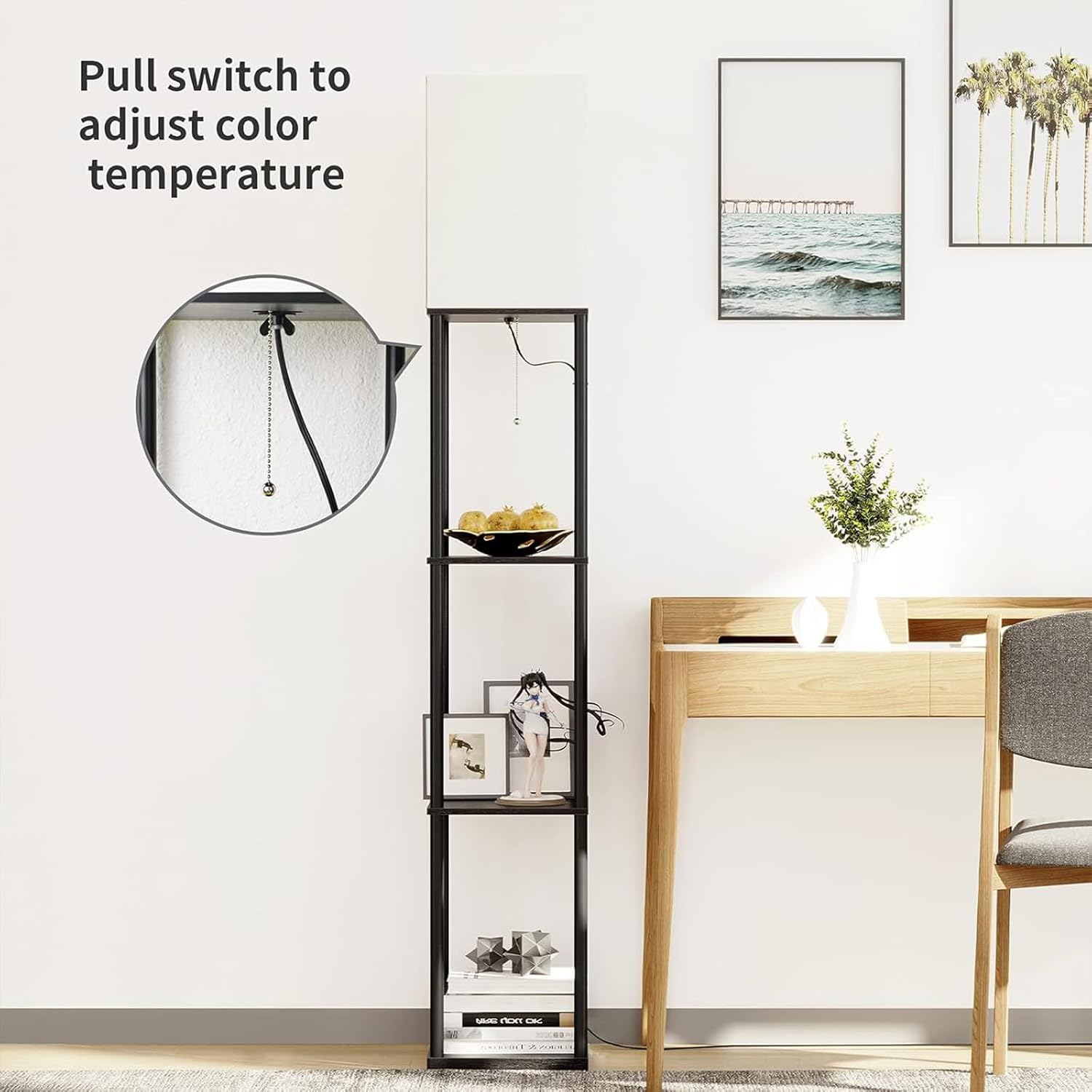 Floor Lamp, Vintage Wood Led Light Lamps Bookshelf Corner Shelf Standing Lights Display Stand Storage Organiser Home Decor for Living Room Bedroom, 3 Tier Shelves Pull-String Switch Black image number 5