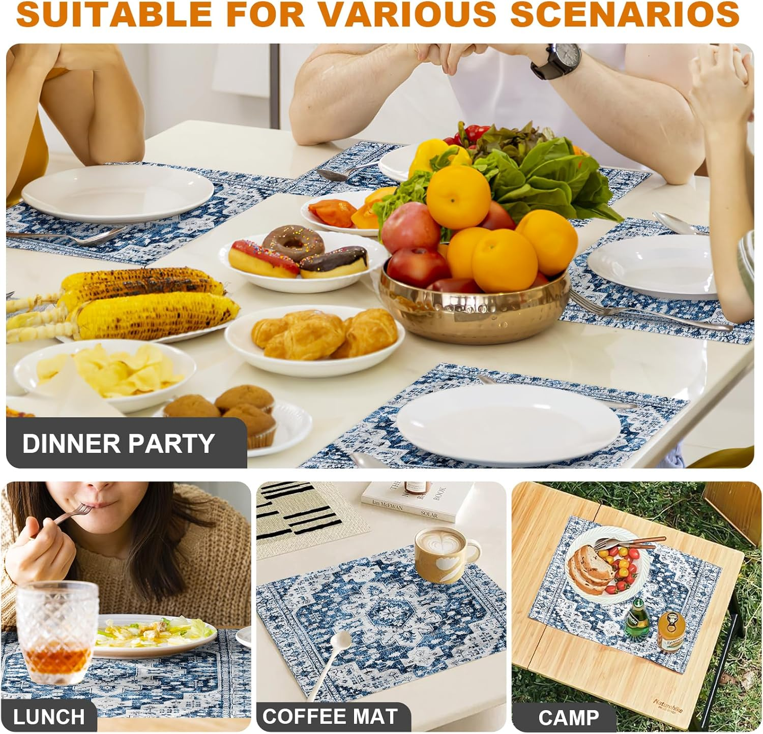ZSYTZL Placemats Set of 4 Washable Durable Table Placemats for Dining Table Mat,Boho Pattern Kitchen Table Mats Heat-Resistant Decor Place Mats for Dining Tables Home Party Indoor-White Blue image number 1