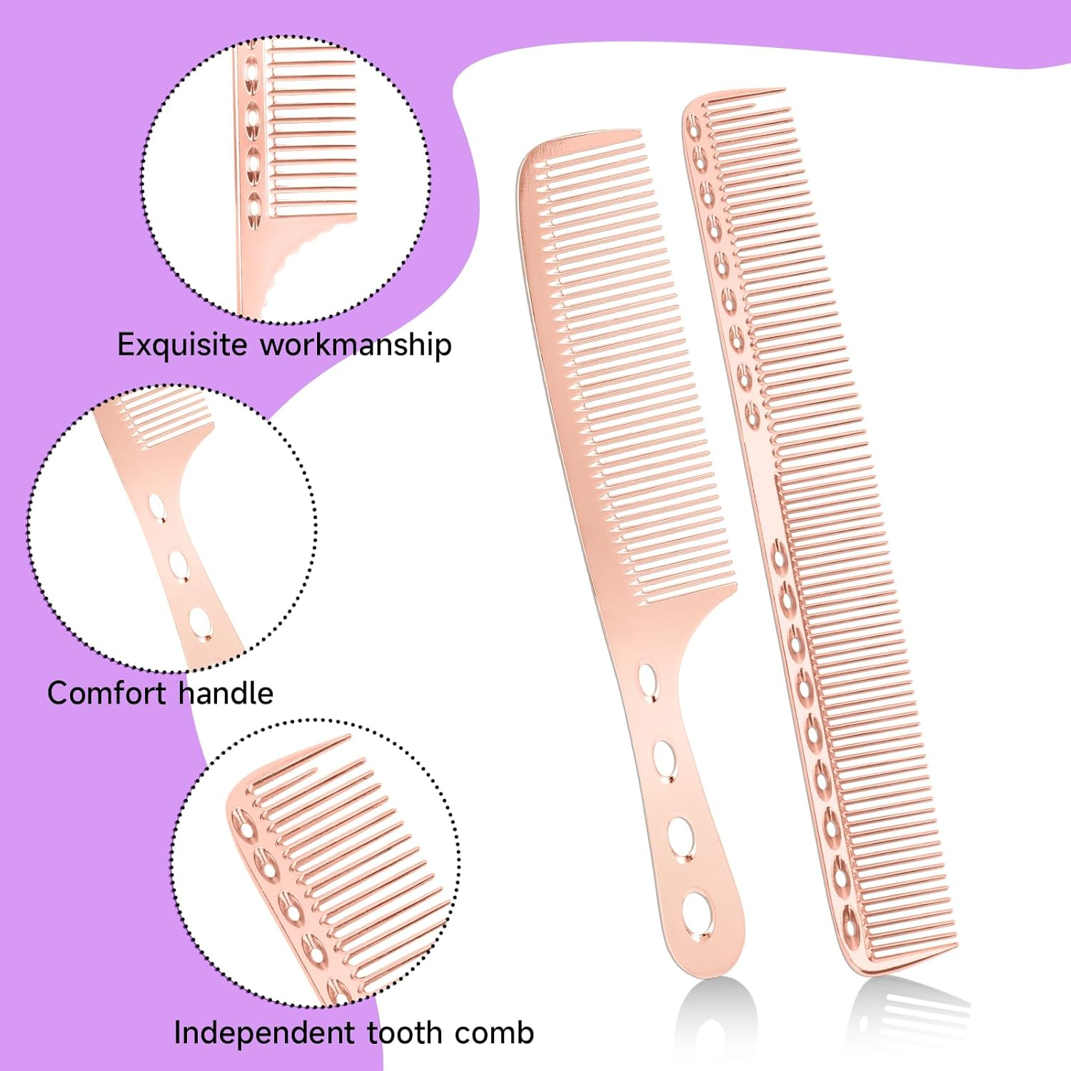 4 PCS Aluminum Hair Cutting Comb, Professional Metal Dressing Foiling Dandruff Combs Set for Women Barber Types Hair Cutting Comb Metal Rat Tail Combs for Wet Curly (Rose Gold) image number 3