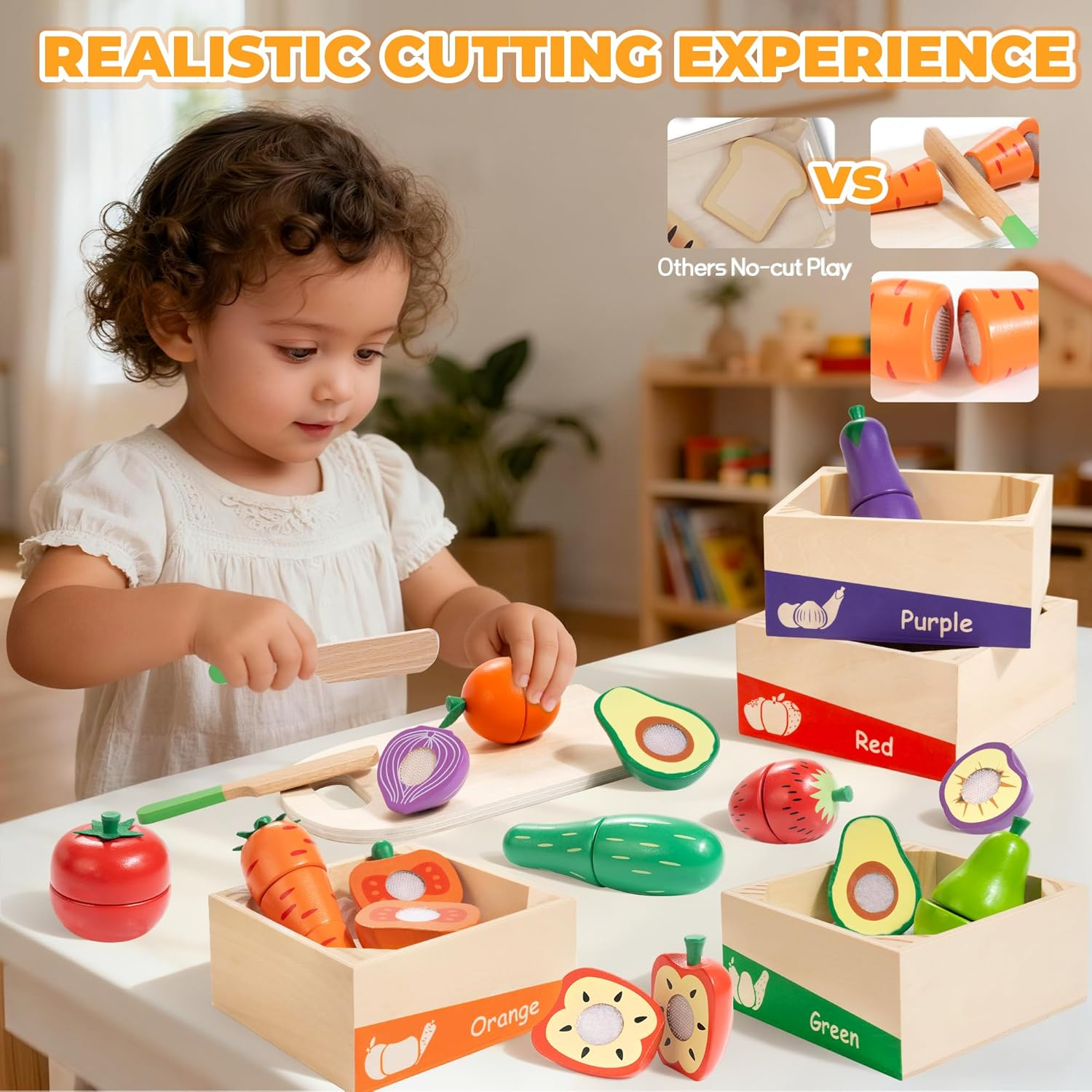Wooden Play Food for Toddlers, Color Food Groups, Fruit & Veggies Cutting Set, Pretend Play Food Kitchen Accessories for 3 4 5 6 7 Years Old Boys & Girls image number 1
