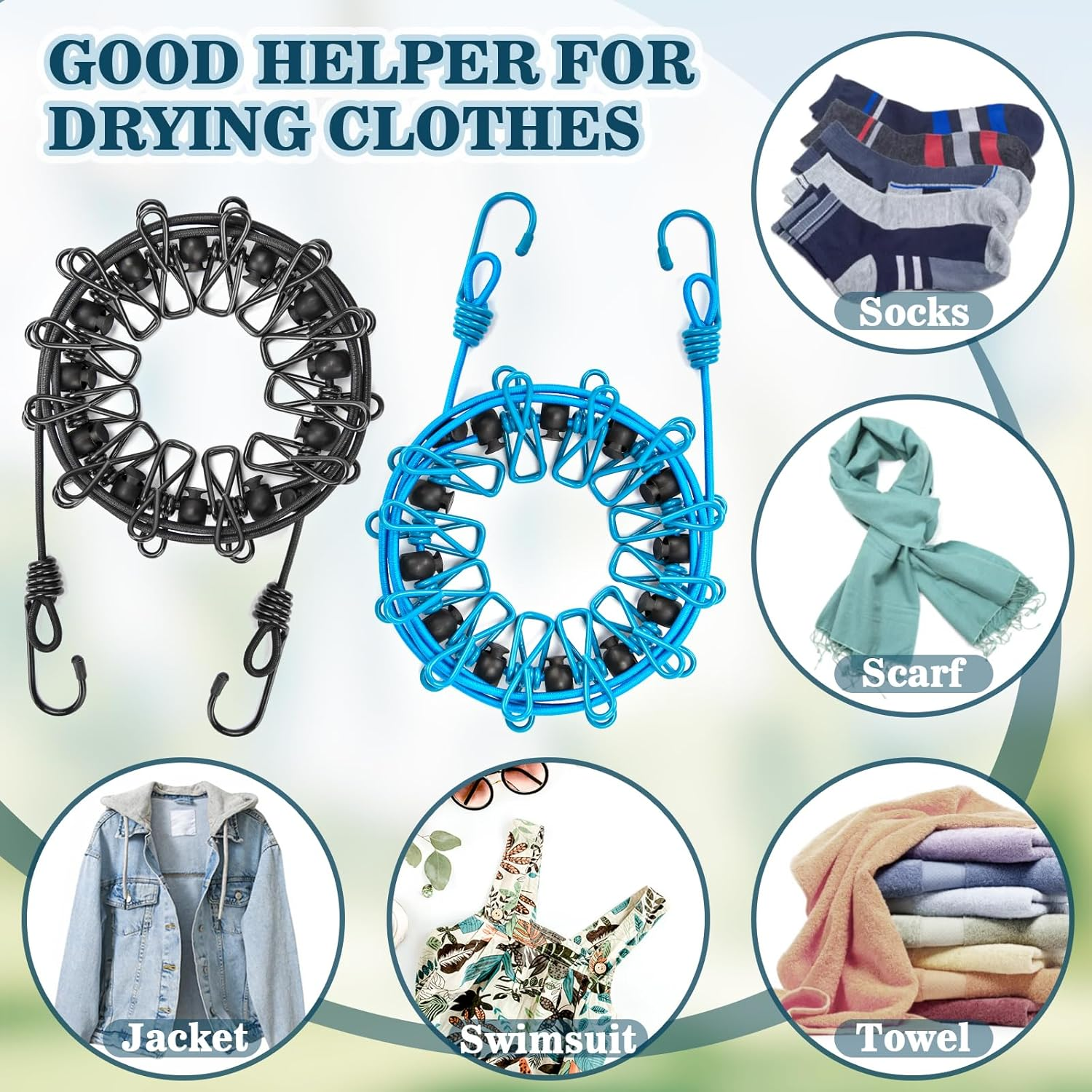 NINEMAX Stretchy Retractable Travel Clothesline - Portable Clothesline with 12 Clothespins, Windproof Camping Clothesline with Hooks, Elastic Clothes Drying Line for Outdoor and Indoor Use image number 2