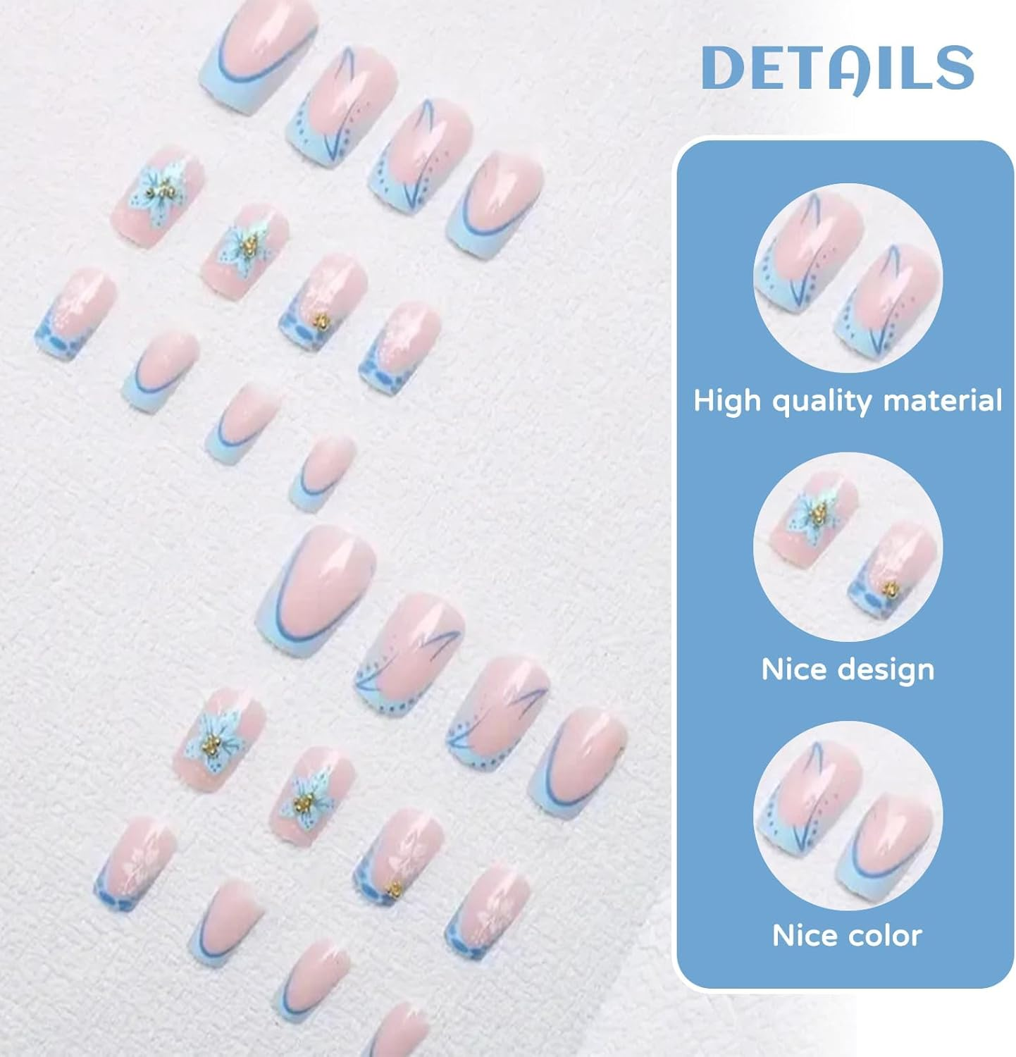 Yamobi Pack of 24 Artificial Blue Flower Nails - Short Square for Women with French Tip and Gold Rhinestone Design for Spring and Summer image number 3