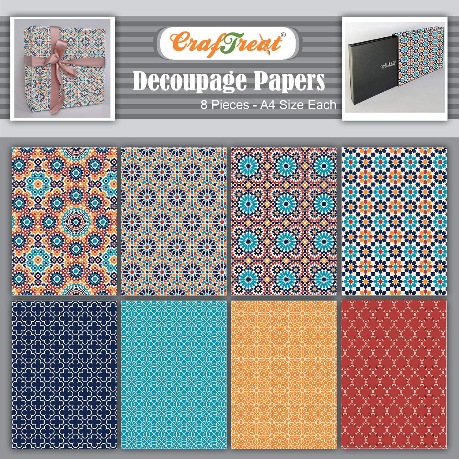 Craftreat Textured Decoupage A4 Paper for Craft Home Decor, Wall Art and Birthday Card Making - Mosaic Pattern Decoupage Paper - 8Pcs Craft Sheets for Decoupage, Mixed Media, Art and Craft Projects image number 1
