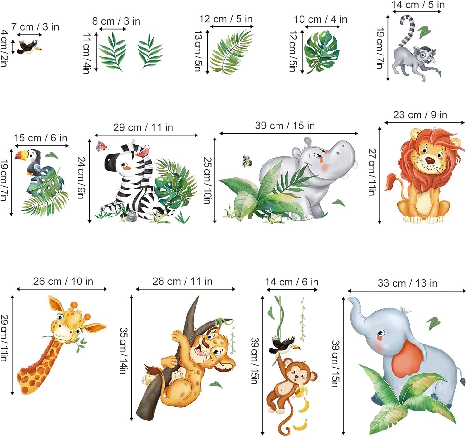 Wondever Jungle Animals Wall Stickers Safari Animal Elephant Giraffe Lion Monkey Peel and Stick Wall Art Decals for Kids Bedroom Baby Nursery Door Decor image number 2