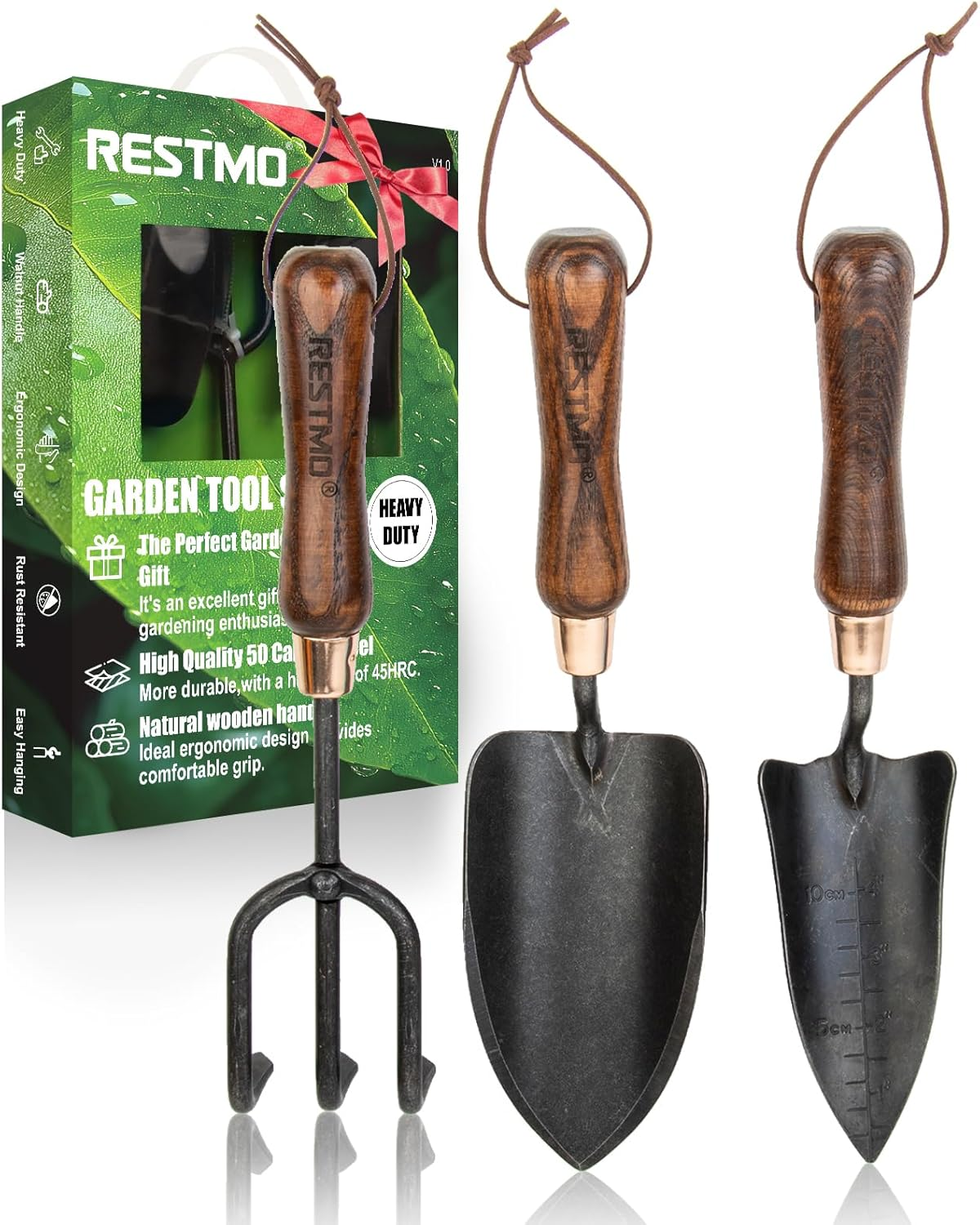 RESTMO 3-Pieces Gardening Tool Set (Trowel, Transplanter & Cultivator), 50 Carbon Steel & Ergonomic Wooden Handles, Gardening Trowels, Complete Garden Gift Set for Digging, Planting & Soil Aeration image number 1
