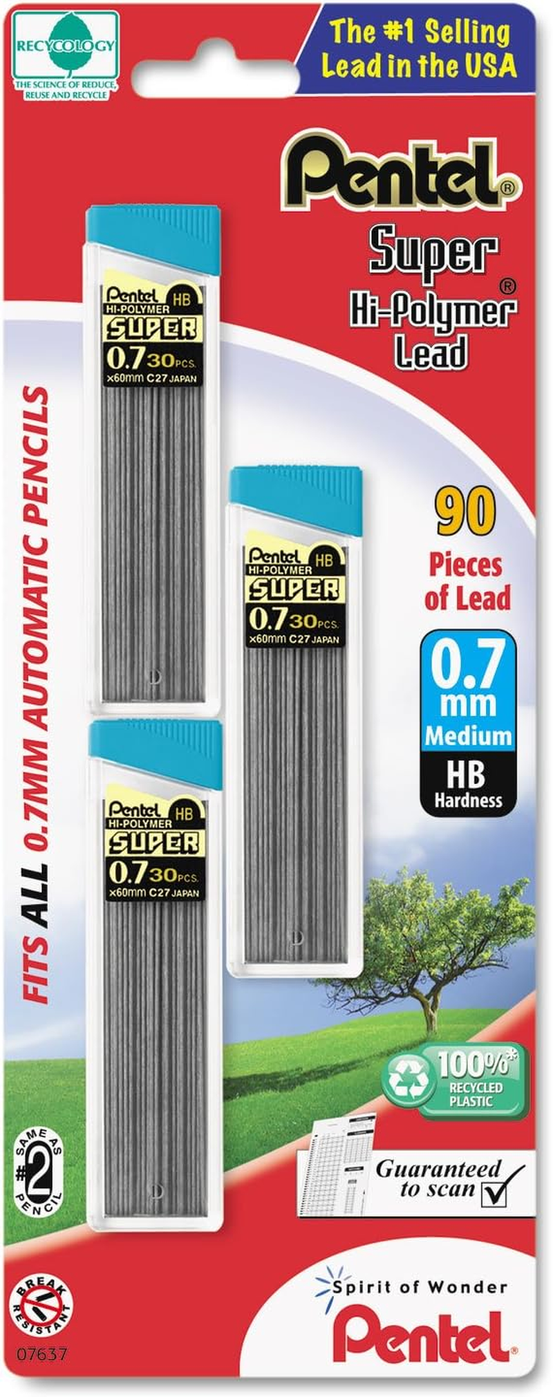 Pentel Super Hi-Polymer Refills, 0.5 Mm Fine, HB, 180 Pieces of Lead (C25BPHB6)