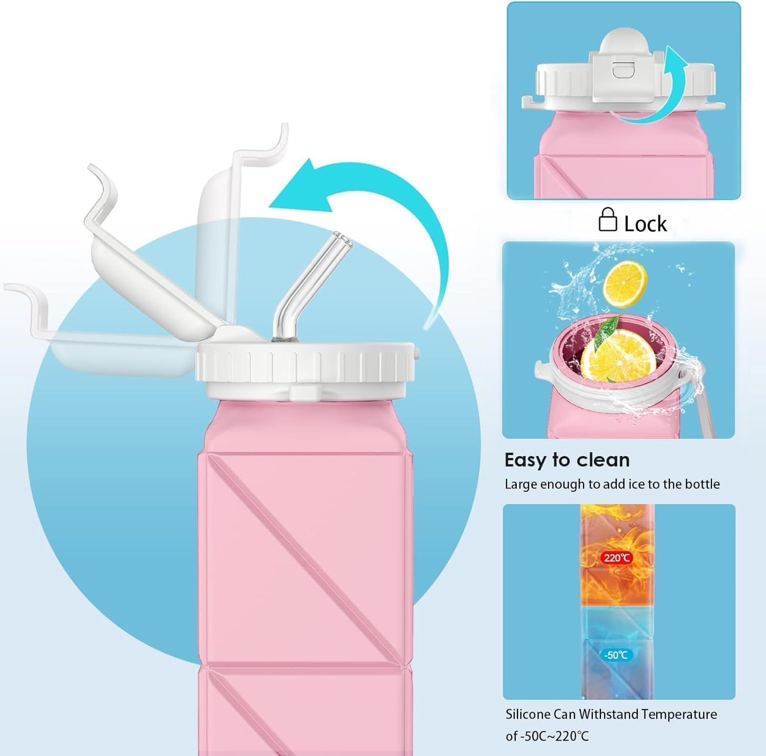 2 Pieces Collapsible Water Bottles 620Ml - Foldable & Reusable BPA Free Travel Water Bottles, Must-Have Travel Accessories for Travel, Sports & Kids | Foldable Water Bottle Set in Green & Pink image number 1