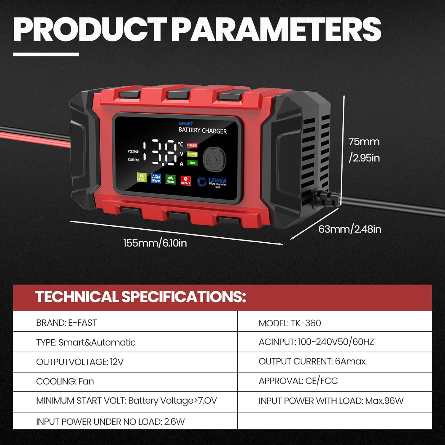 6 Amp Car Battery Charger, Smart Battery Trickle Charger Automotive 12V Battery Maintainer Desulfator for Car Truck Motorcycle Lawn Mower Marine Lifepo4 Lead Acid Batteries image number 4