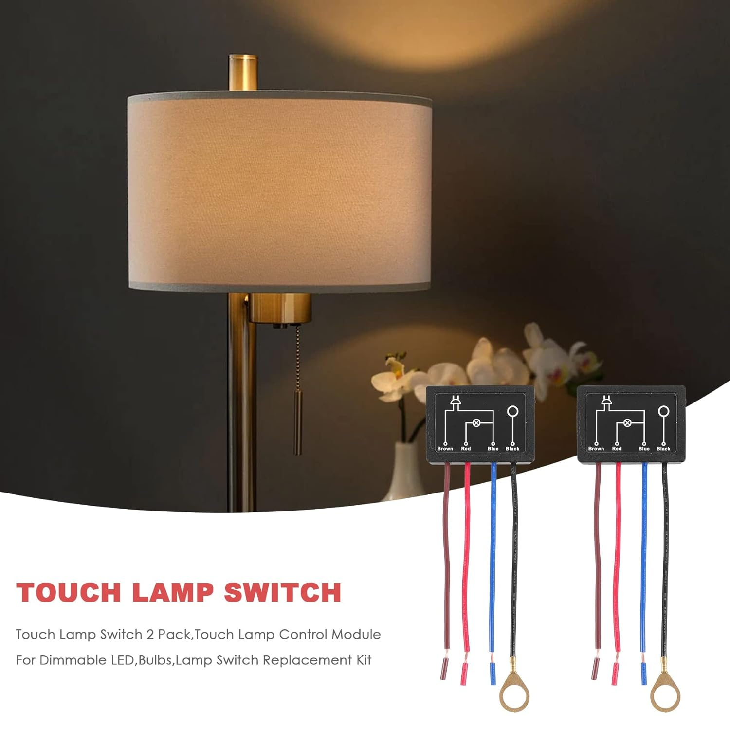 Touch Lamp Switch 2 Pack,Touch Lamp Control Module for Dimmable Led,Bulbs,Lamp Switch Replacement Kit with Wiring Caps image number 1