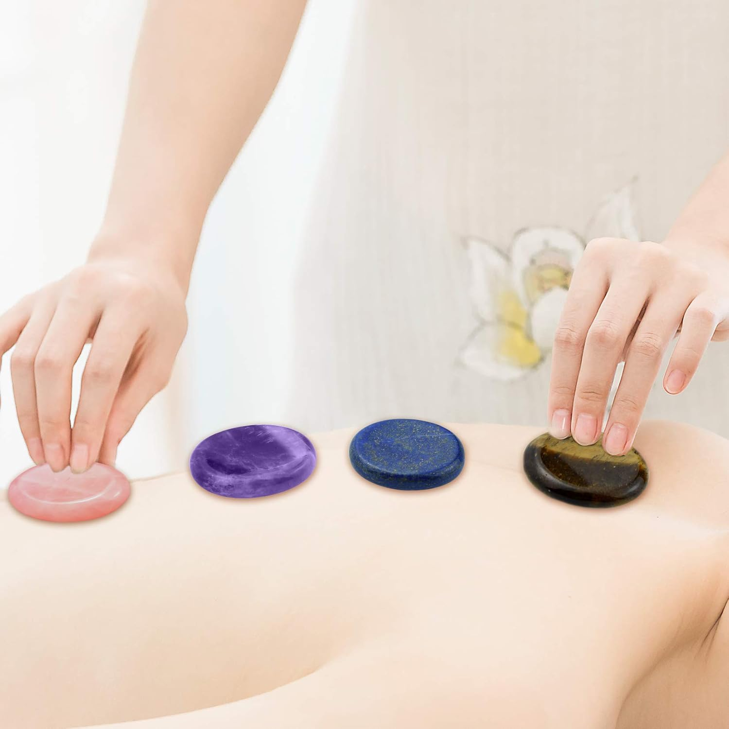 Marrywindix 4 Packs Natural Thumb Worry Stone Set Pink Crystal Amethyst Tiger Eye Lapis Lazuli for Anxiety Stress Relief Meditation Crystal Therapy image number 1