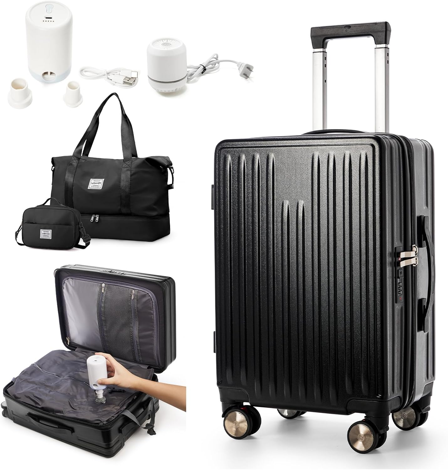 WEPOET Suitcase Luggage, Black(With Air Pump), 37.5Cm*23Cm*57Cm