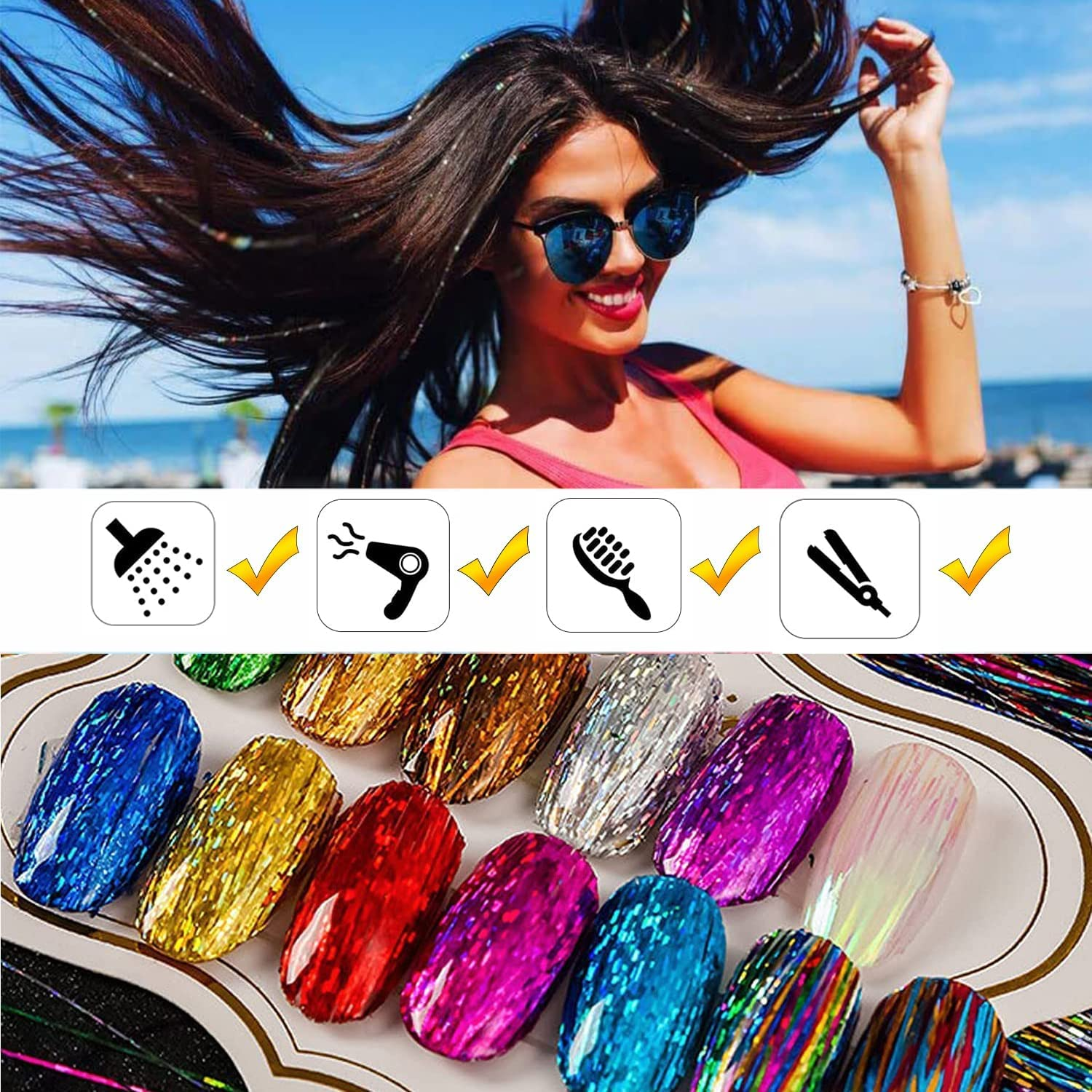 12 Colors Hair Tinsel Kit with Tools, Hair Tinsel Heat Resistant Sparkling Shiny Fairy Extensions for Christmas New Year Halloween Party and Accessories Extensions(Color:Colorful)