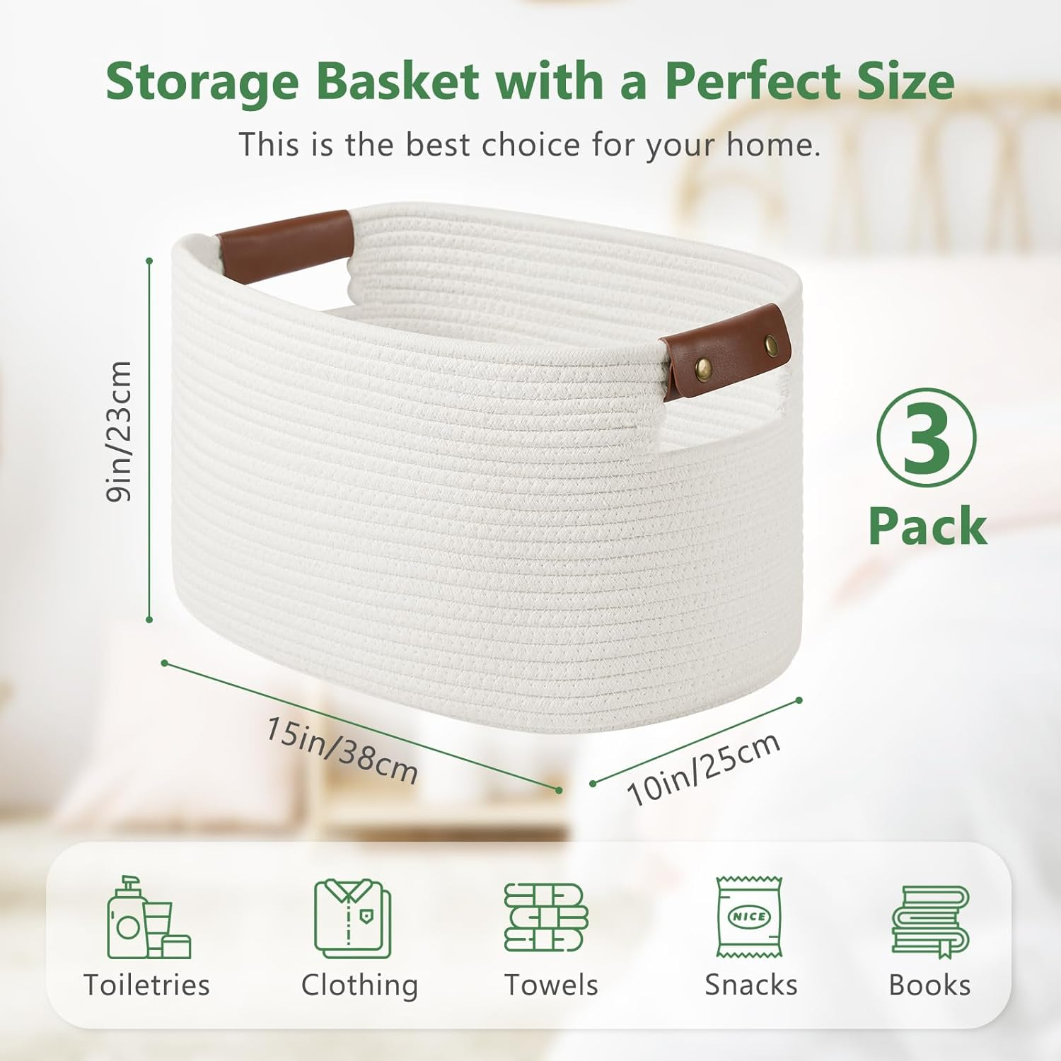 Cotton Rope Basket , Storage Baskets with Handle, 15X10X9 Inch Woven Basket for Shelves, Laundry, Towels, Clothes, Books, Toys (White, 3 Pack)