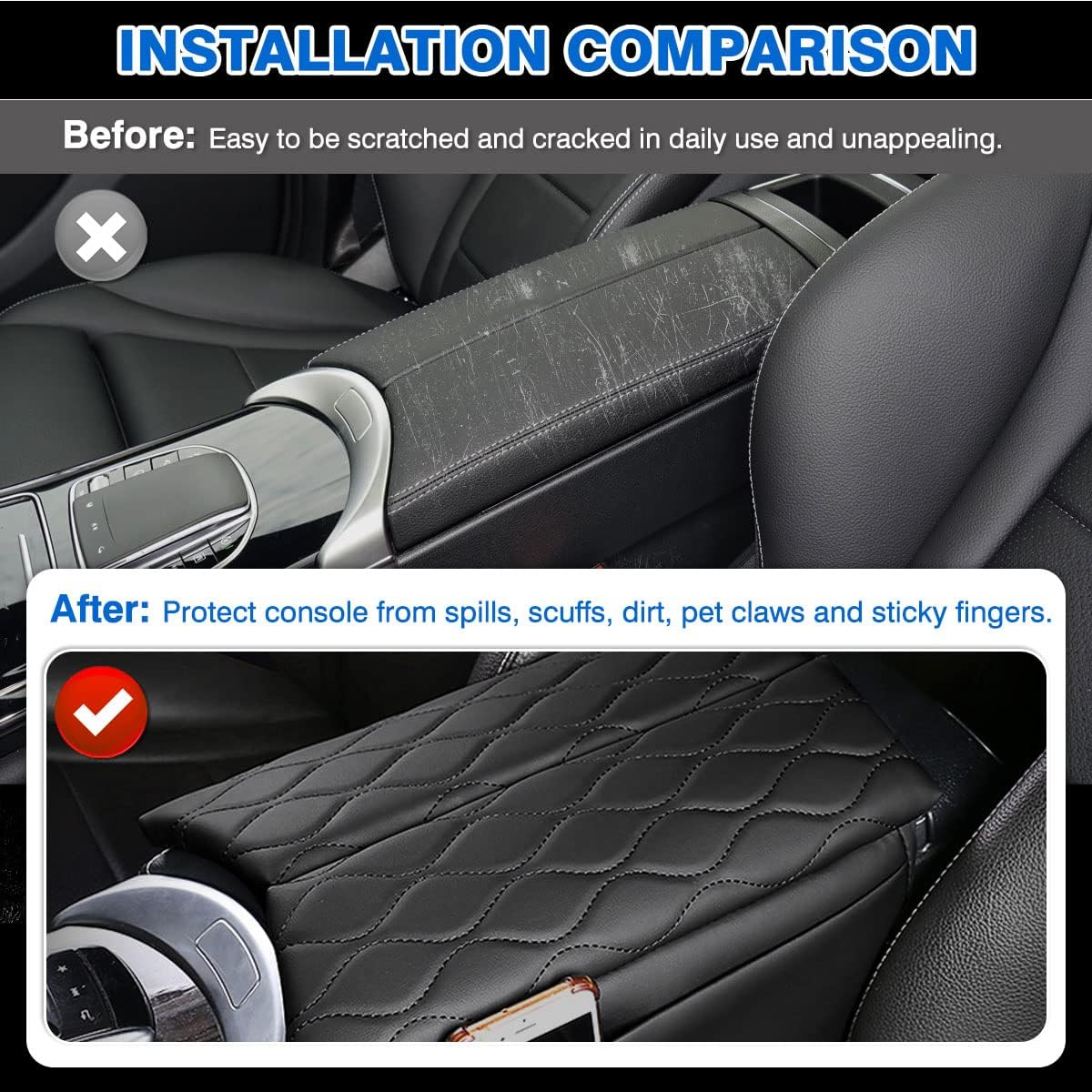 Karltys Compatible with Center Console Cover Mercedes Benz GLC Class 2016-2022 EQC 2019-2023 Accessories Armrest Cover Pad Leather Cushion Protector with Phone Holder Storage Pockets Black image number 5