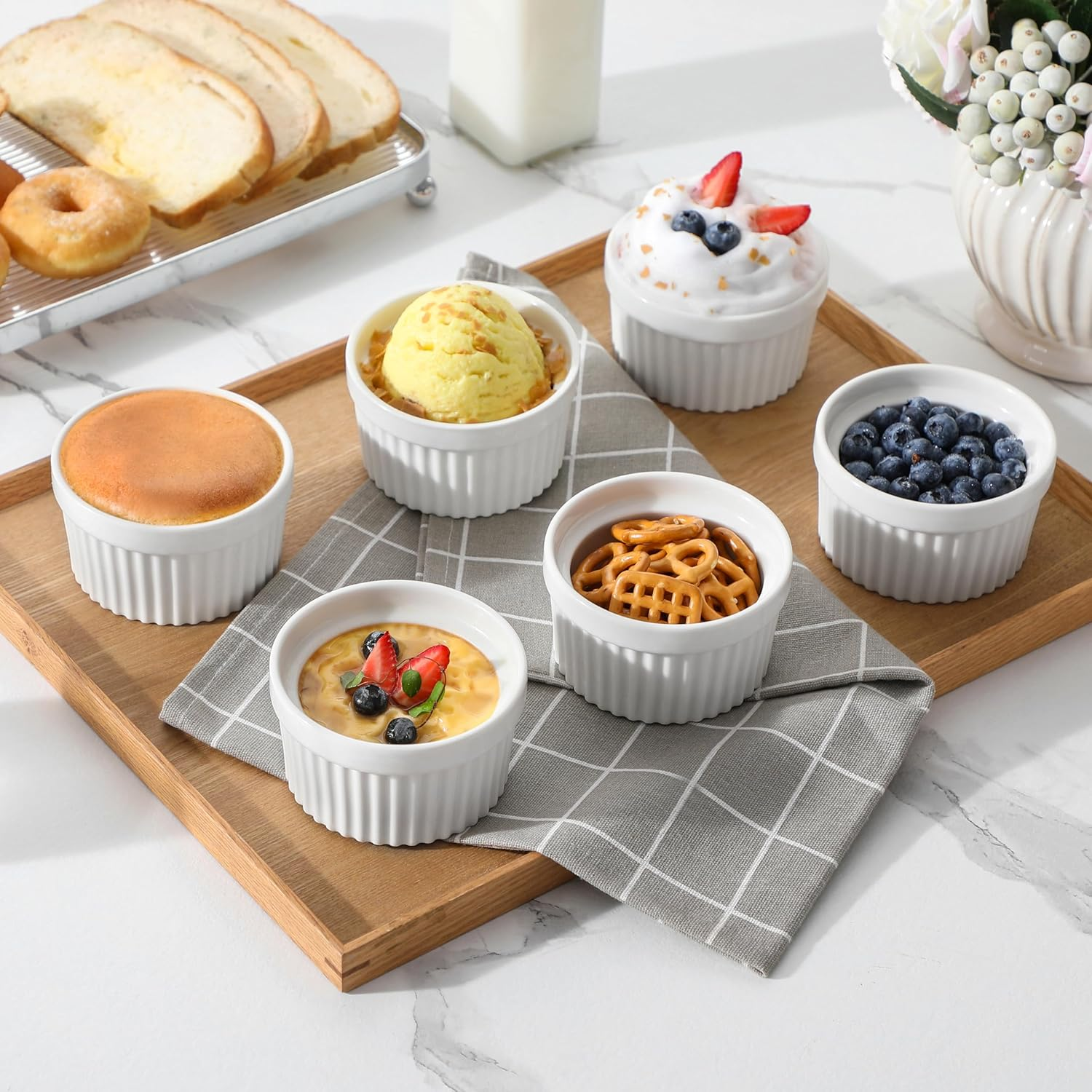 MALACASA Ramekins 6 Oz Oven Safe, Porcelain Creme Brulee Ramekins Pudding Custard Cups Small Ceramic Souffle Dishes Ramakan Ramiken Ramicans Baking Bowls Set of 6, White, Series RAMEKIN-DISH image number 3