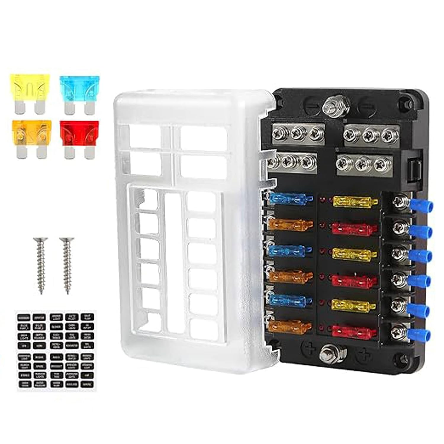 Upgraded 12 Way Fuse Block Box with Thumbscrew and LED Indicator, 12 Circuit Blade Fuse Box Holder W/Negative Bus Damp-Proof Cover Label Sticker for 12V/24V Auto Car RV Marine Boat and Yacht image number 4